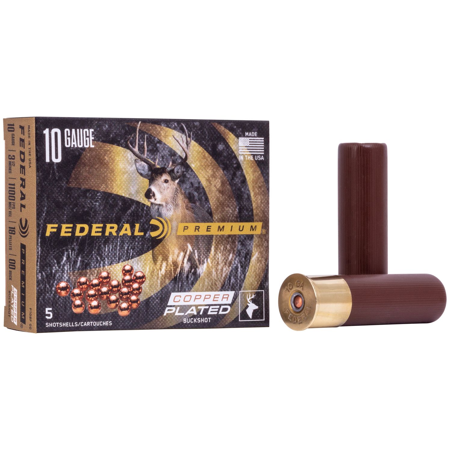 Federal Premium Vital-Shok Shotshells P108F00, 10 Gauge, 3.5 in, 18 Pellets, 1100 fps, #00 Buckshot, 5 Rd/bx