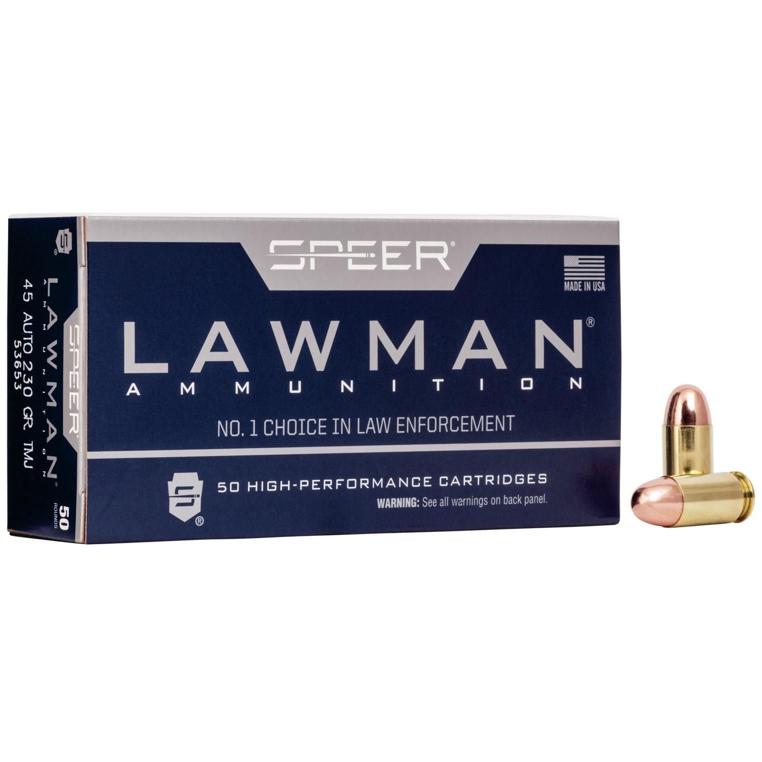 Speer Lawman Handgun Ammunition 53653, 45 ACP, Total Metal Jacket (TMJ), 230 GR, 830 fps, 50 Rd/Bx