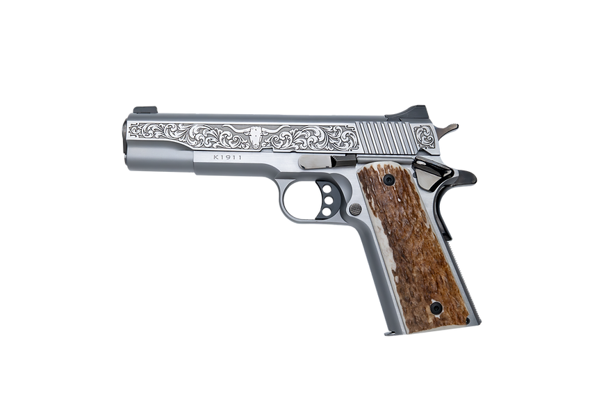 Custom & Collectible Kimber 1911 Cattleman, CNCCATTLEMAN, 45 ACP, 5", Genuine Stag Grips, Stainless Finish Engraved, 7 Rds