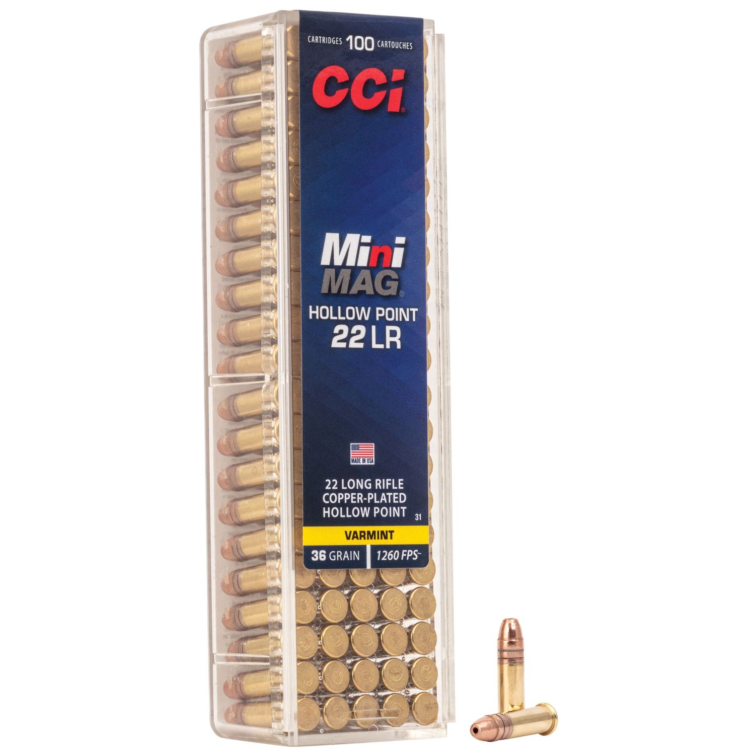 CCI Mini-Mag HP Varmint Rimfire Ammunition 0031, 22 Long Rifle, Hollow Point (HP), 36 GR, 1260 fps, 100 Rd/bx