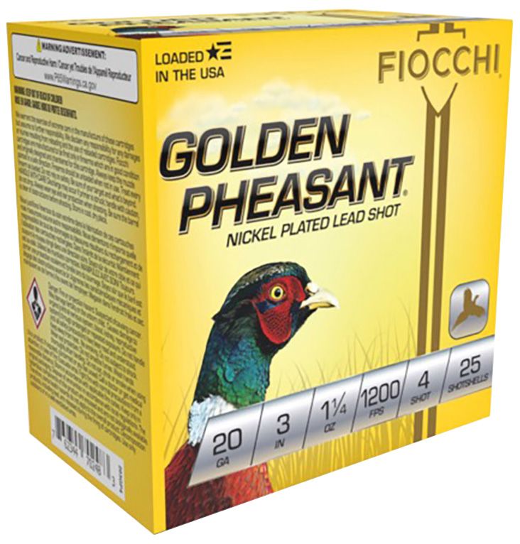 Fiocchi Golden Pheasant 203GP4, 20 Gauge, 3", 1-1/4 oz, 1200 fps, #4 Nickel-Plated Lead Shot, 25 Rds/Bx