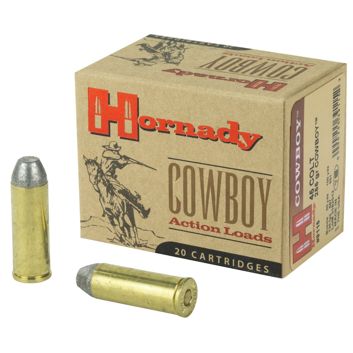 Hornady Cowboy Handgun Ammunition 9115, 45 Long Colt, Lead Flat Nose (FN), 255 GR, 725 fps, 20 Rd/bx