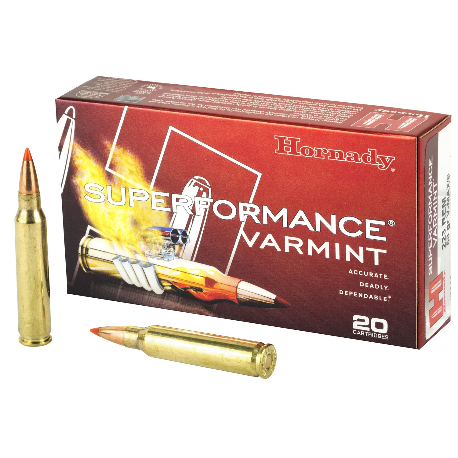 Hornady Superformance Varmint Rifle Ammunition 8025, 223 Remington, V-Max, 53 GR, 3465 fps, 20 Rd/bx