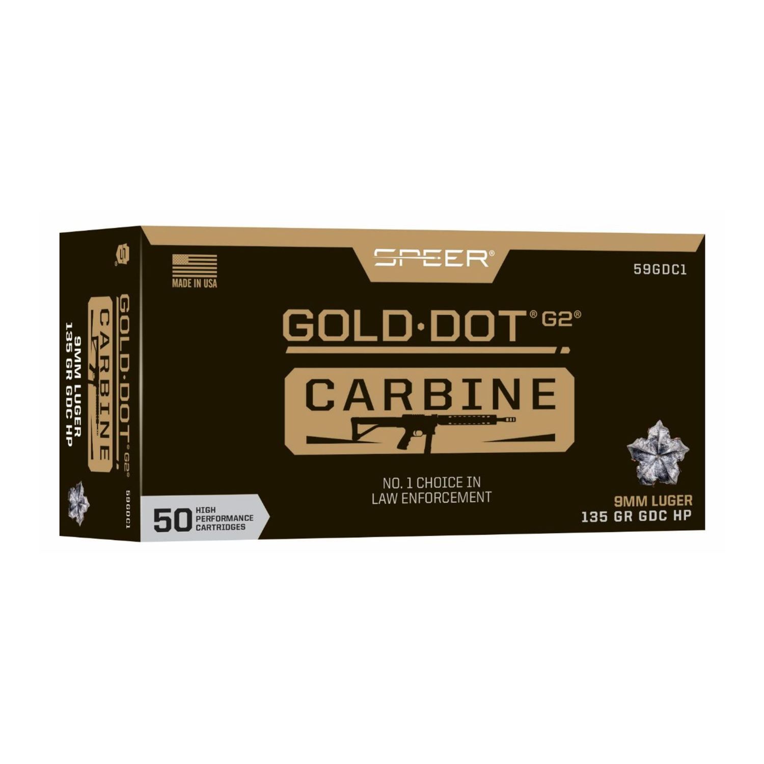 Speer Gold Dot Carbine Ammunition 59GDC1, 9MM,  Gold Dot HP, 135 GR, 1170 fps, 50 Rd/bx