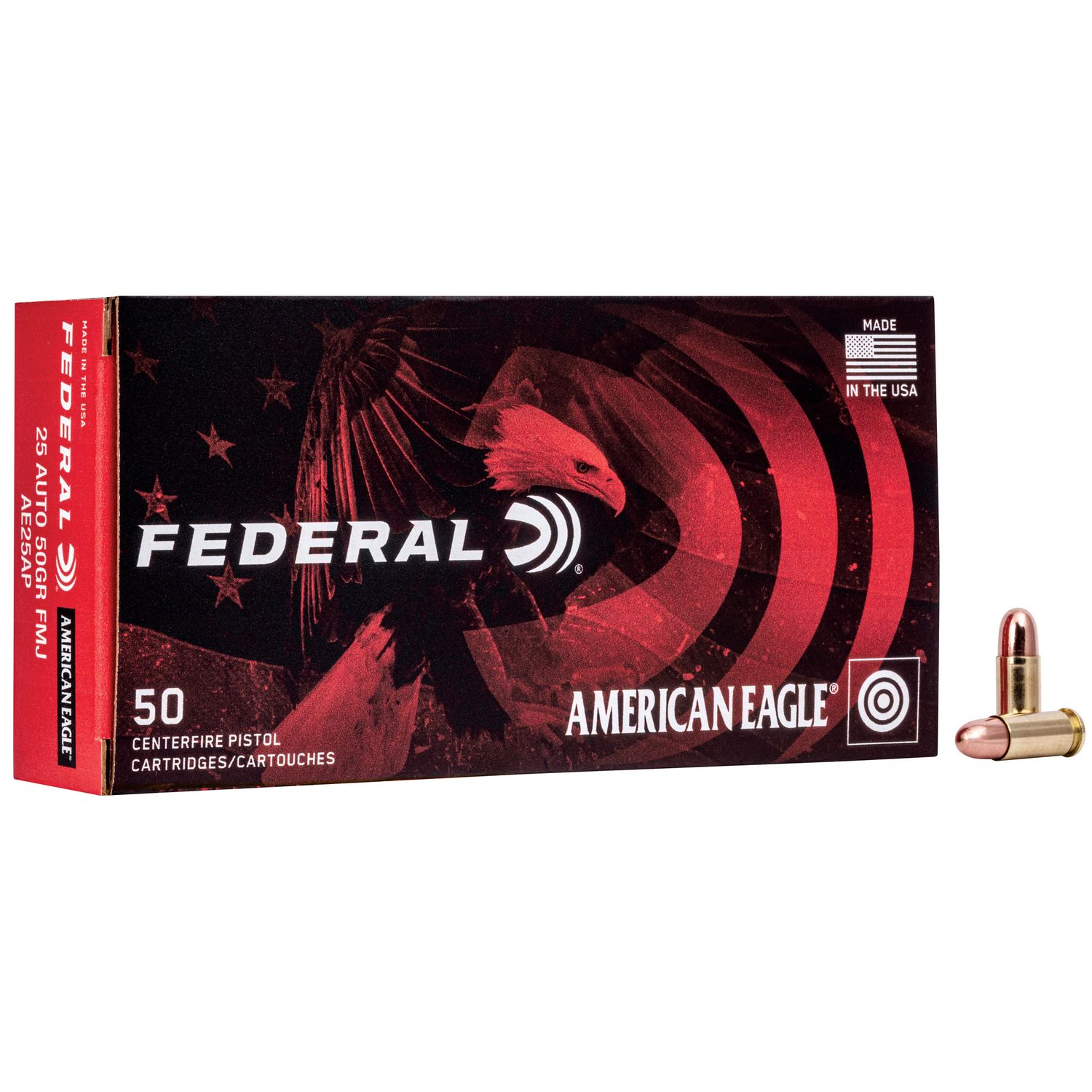 Federal American Eagle Pistol Ammunition AE25AP, 25 ACP, Metal Case (MC), 50 GR, 760 fps, 50 Rd/bx