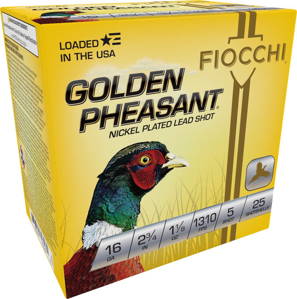 Fiocchi Golden Pheasant 16GP5, 16 Gauge, 2-3/4", 1-1/8 oz, 1310 fps, #5 Nickel-Plated Lead Shot, 25 Rds/Bx