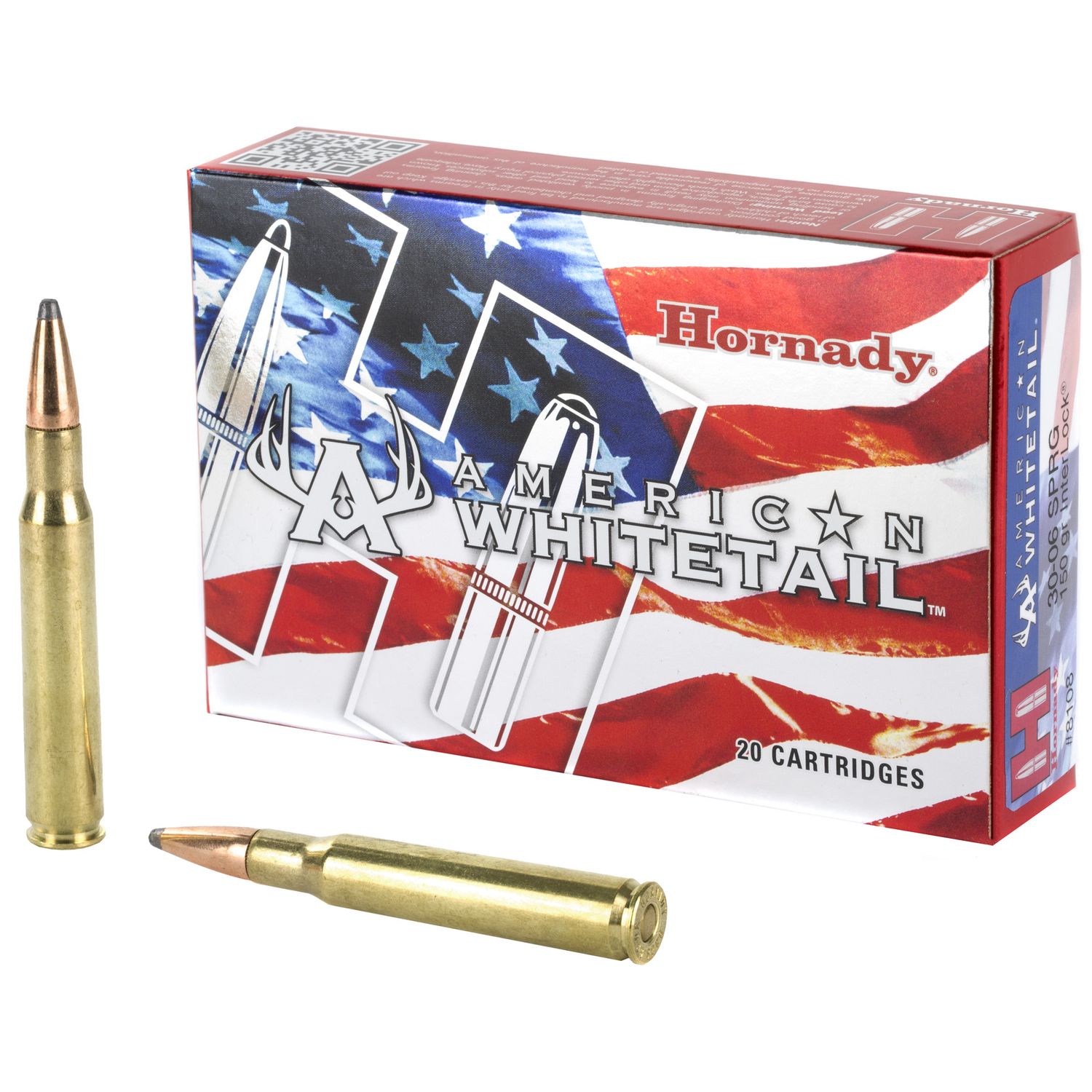 Hornady American Whitetail Rifle Ammunition 8108, 30-06 Springfield, Soft Point (SP), 150 GR, 2910 fps, 20 Rd/bx