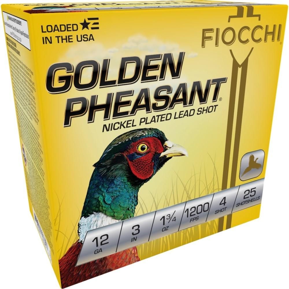 Fiocchi Golden Pheasant 123GP4, 12 Gauge, 3", 1-3/4 oz, 1200 fps, #4 Nickel-Plated Lead Shot, 25 Rds/Bx