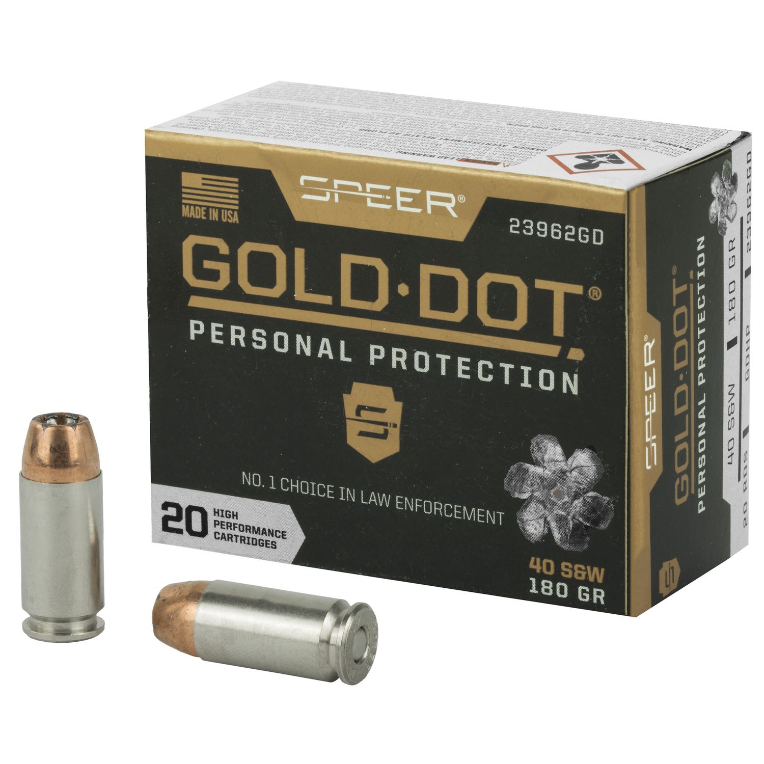 Speer Gold Dot Personal Protection Handgun Ammunition 23962GD, 40 S&W, Gold Dot HP, 180 GR, 1025 fps, 20 Rd/bx