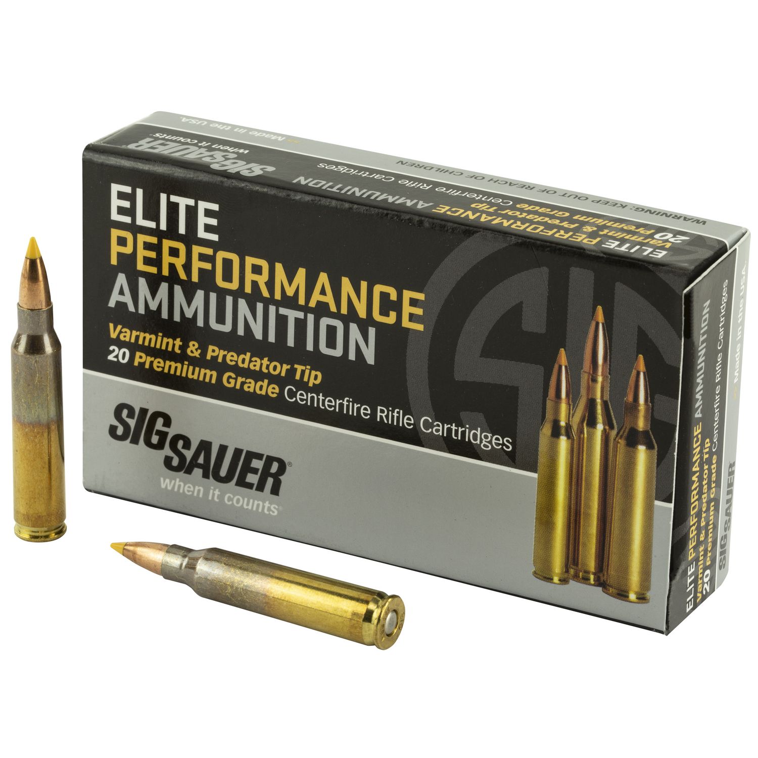 Sig Elite Performance Rifle Ammunition E223V120, 223 Remington, Tipped Hollow Point, 40 GR, 3650 fps, 20 Rd/Bx