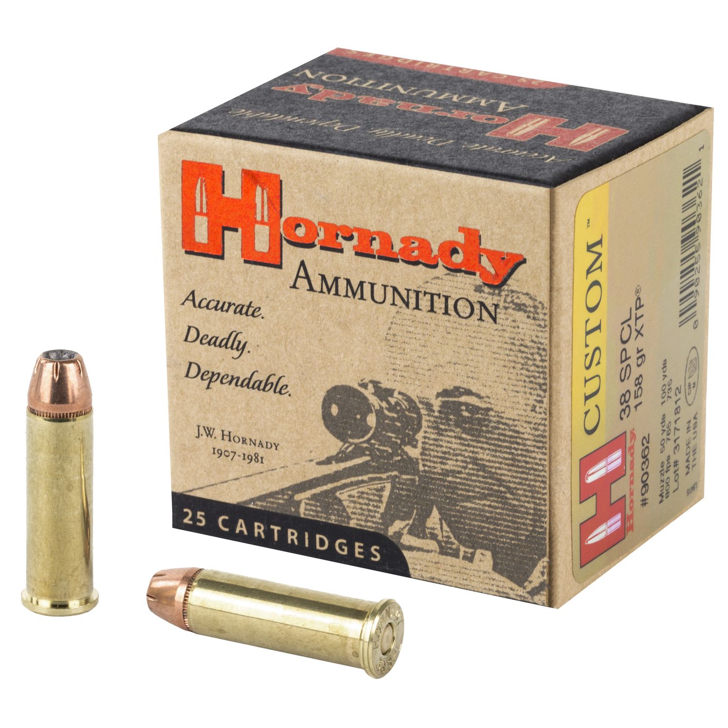 Hornady Custom Handgun Ammunition 90362, 38 Special, XTP Jacketed Hollow Point (HP), 158 GR, 800 fps, 25 Rd/bx