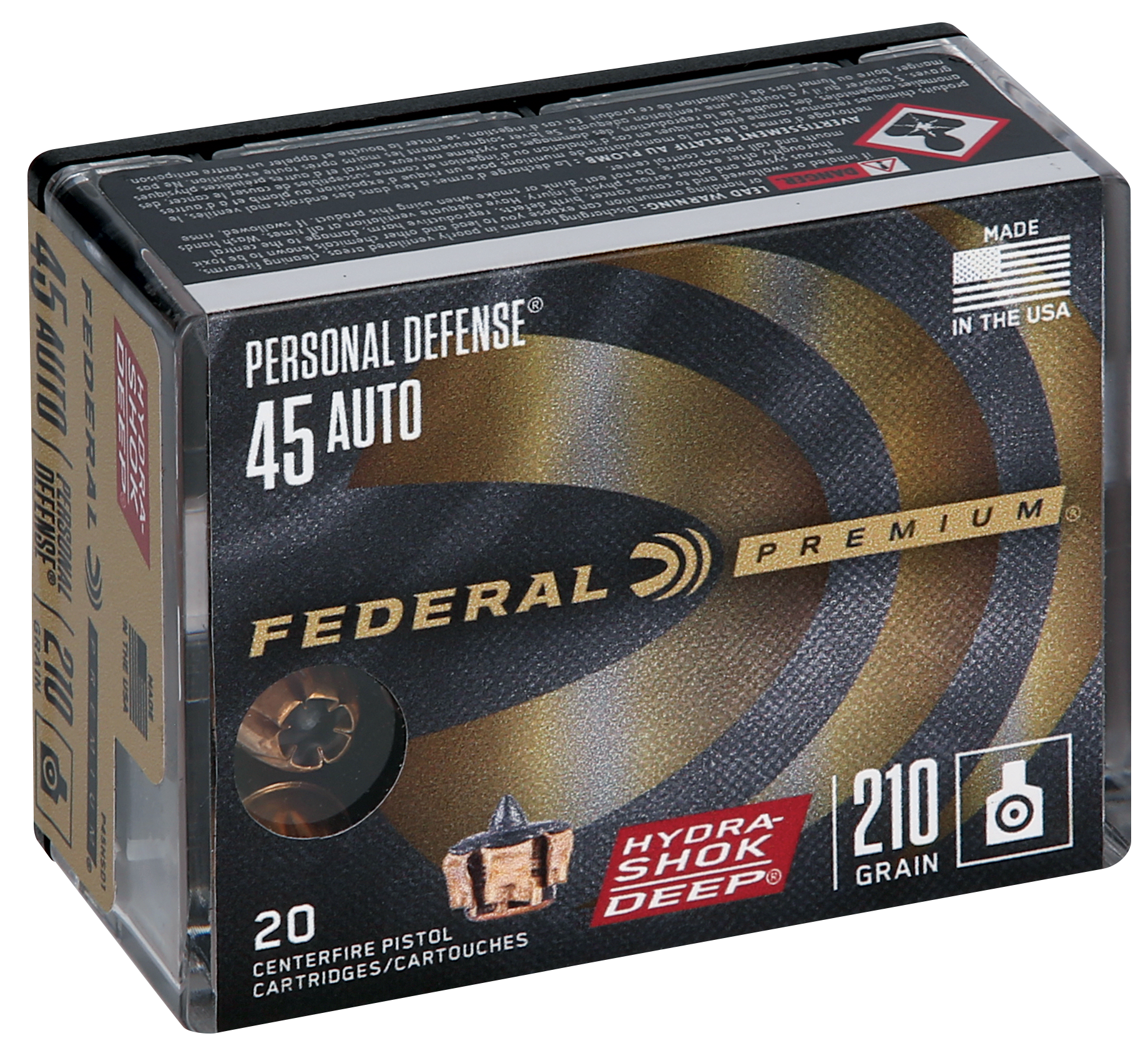 Federal Premium Personal Defense Pistol Ammunition P45HSD1, 45 ACP, Hydra-Shok Deep, 210 GR, 20 Rd/bx