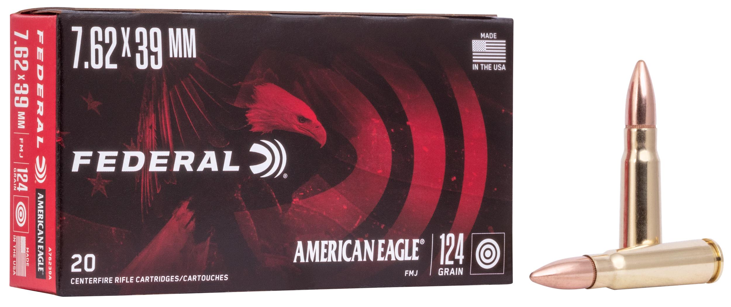 Federal American Eagle Rifle Ammunition A76239A, 7.62 mm X 39 mm, Metal Case (MC), 124 GR, 2300 fps, 20 Rd/bx