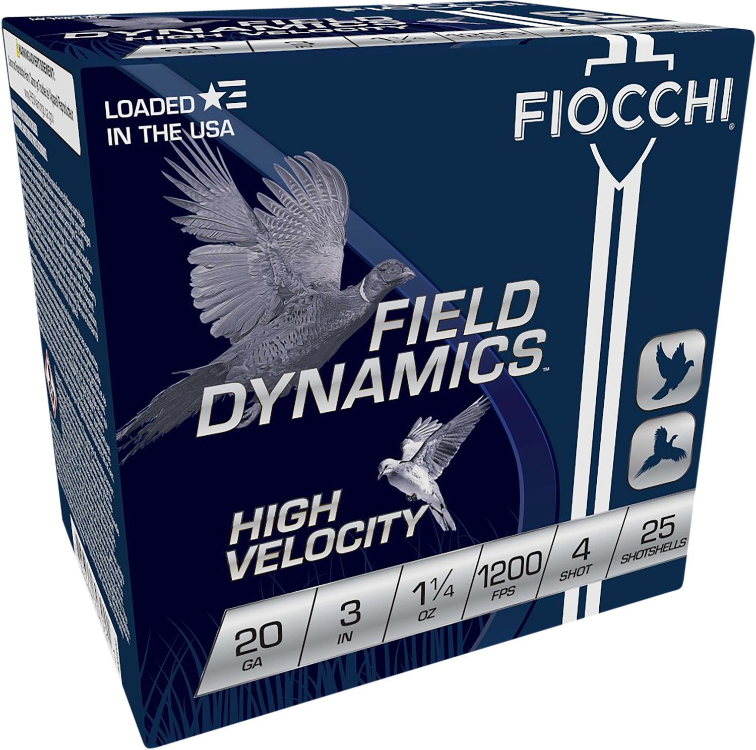 Fiocchi High Velocity Shotshells 203HV4, 20 Gauge, 3 in, 1-1/4 oz, 1200 fps, #4 Lead Shot, 25 Rds/Bx