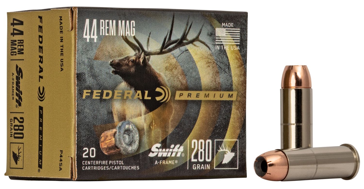 Federal Premium Handgun Cartridge P44SA, 44 Remington Magnum, Swift A-Frame, 280 GR, 1170 fps, 20 Rd/bx