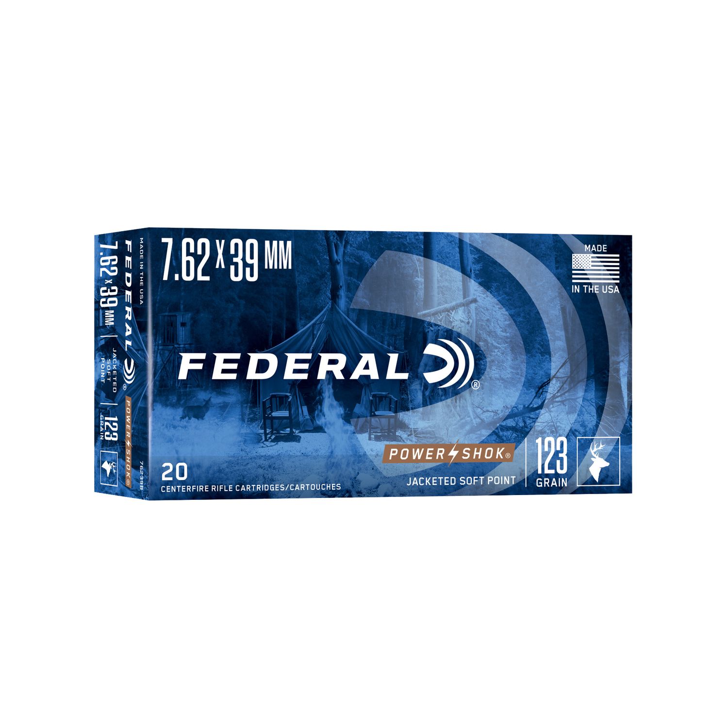 Federal Premium Power Shok Rifle Ammunition 76239B, 7.62 mm X 39 mm, Soft Point (SP), 123 GR, 2300 fps, 20 Rd/bx