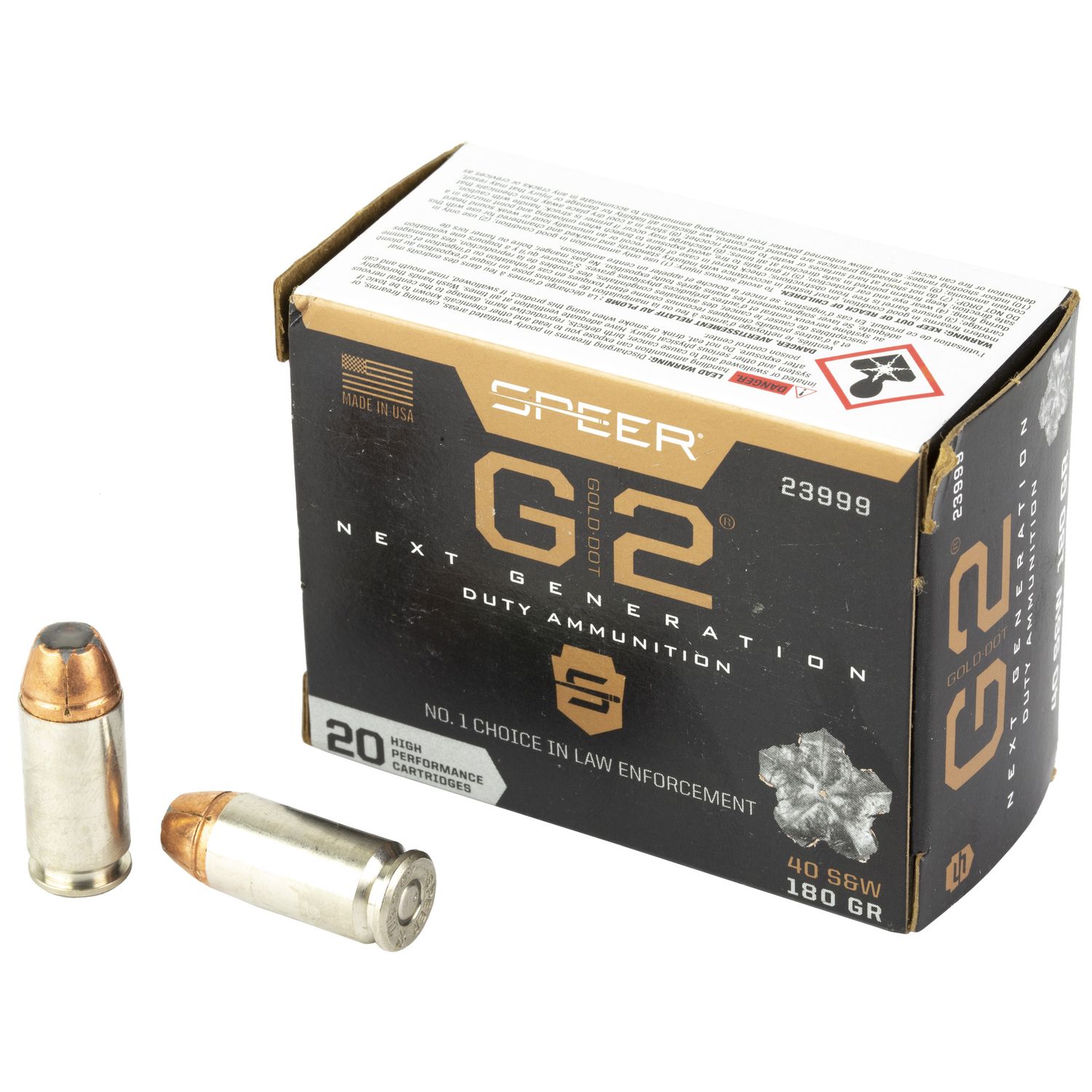 Speer Gold Dot G2 Personal Protection Handgun Ammunition 23999, 40 S&W, Gold Dot HP, 180 GR, 1015 fps, 20 Rd/bx