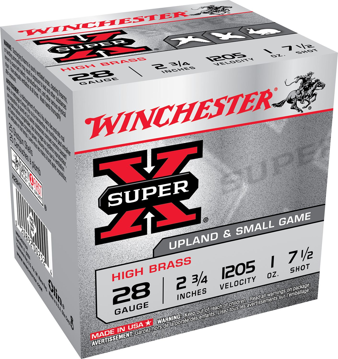 Winchester Super X High Brass Game Load X28H75, 28 Gauge, 2-3/4", 1 oz, 1205 fps, #7.5 Lead Shot, 25 Rds/Bx