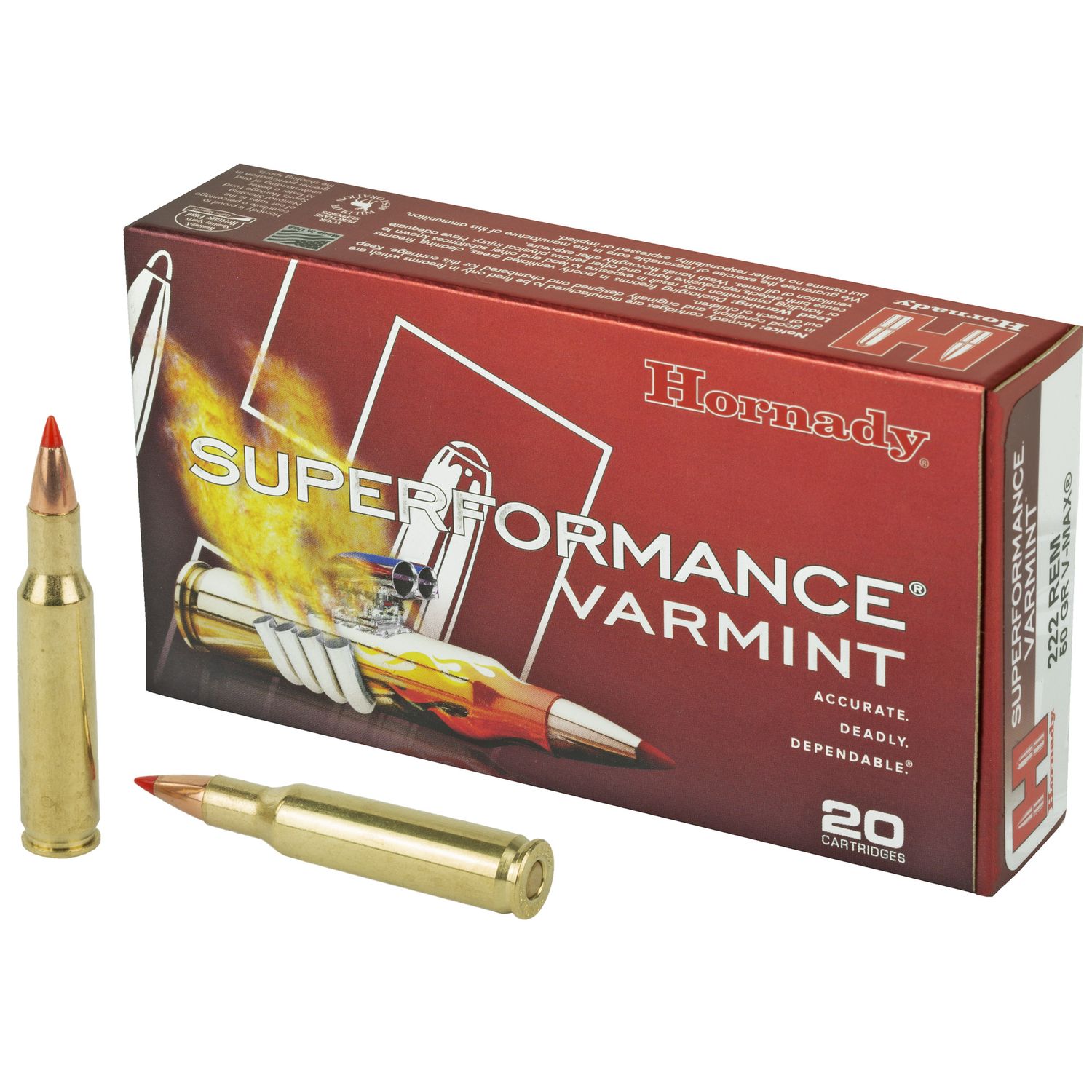 Hornady Superformance Varmint Rifle Ammunition 8316, 222 Remington, V-Max, 50 GR, 3345 fps, 20 Rd/bx