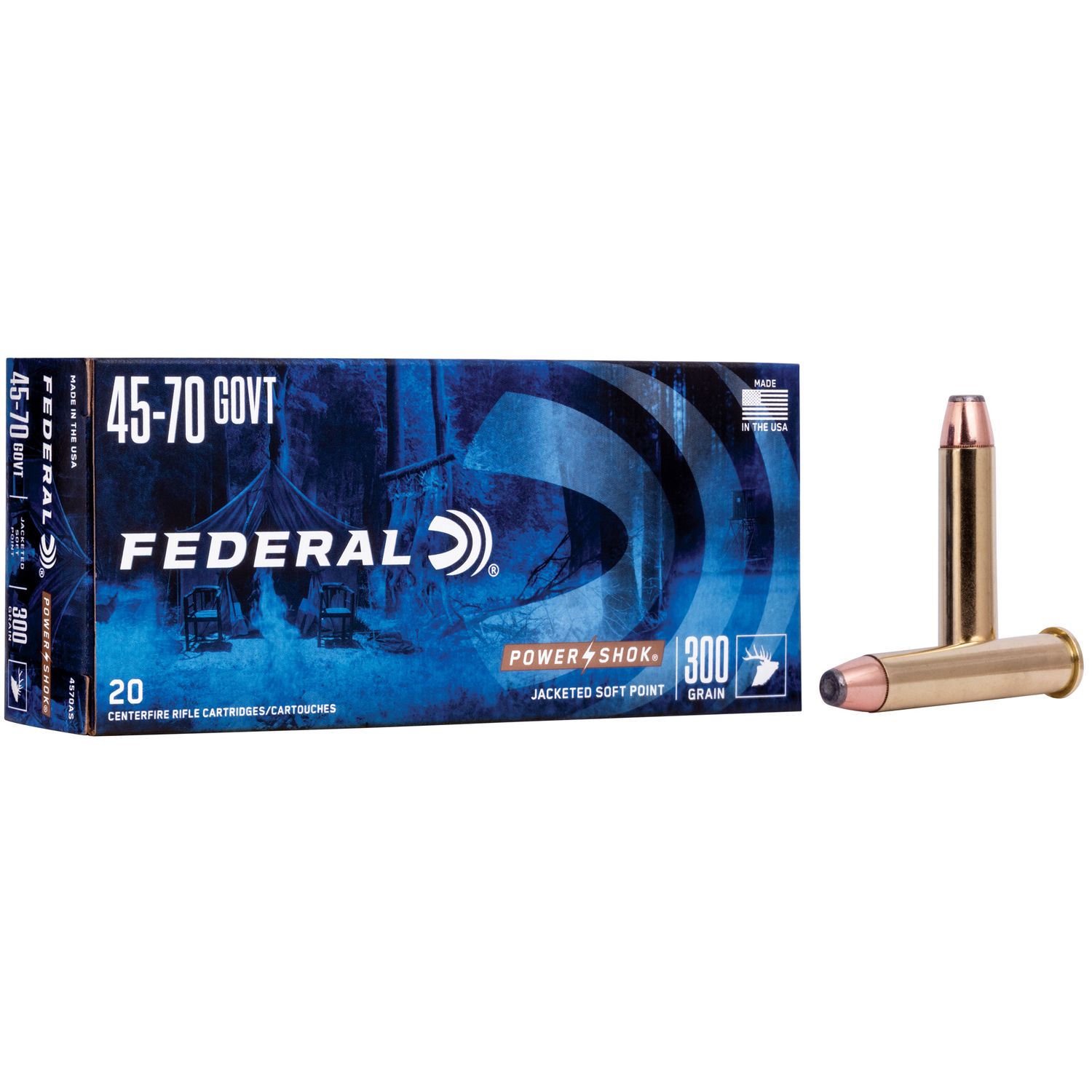 Federal Premium Power Shok Rifle Ammunition 4570AS, 45-70 Govt, Speer Hot-Cor SP, 300 GR, 1880 fps, 20 Rd/bx