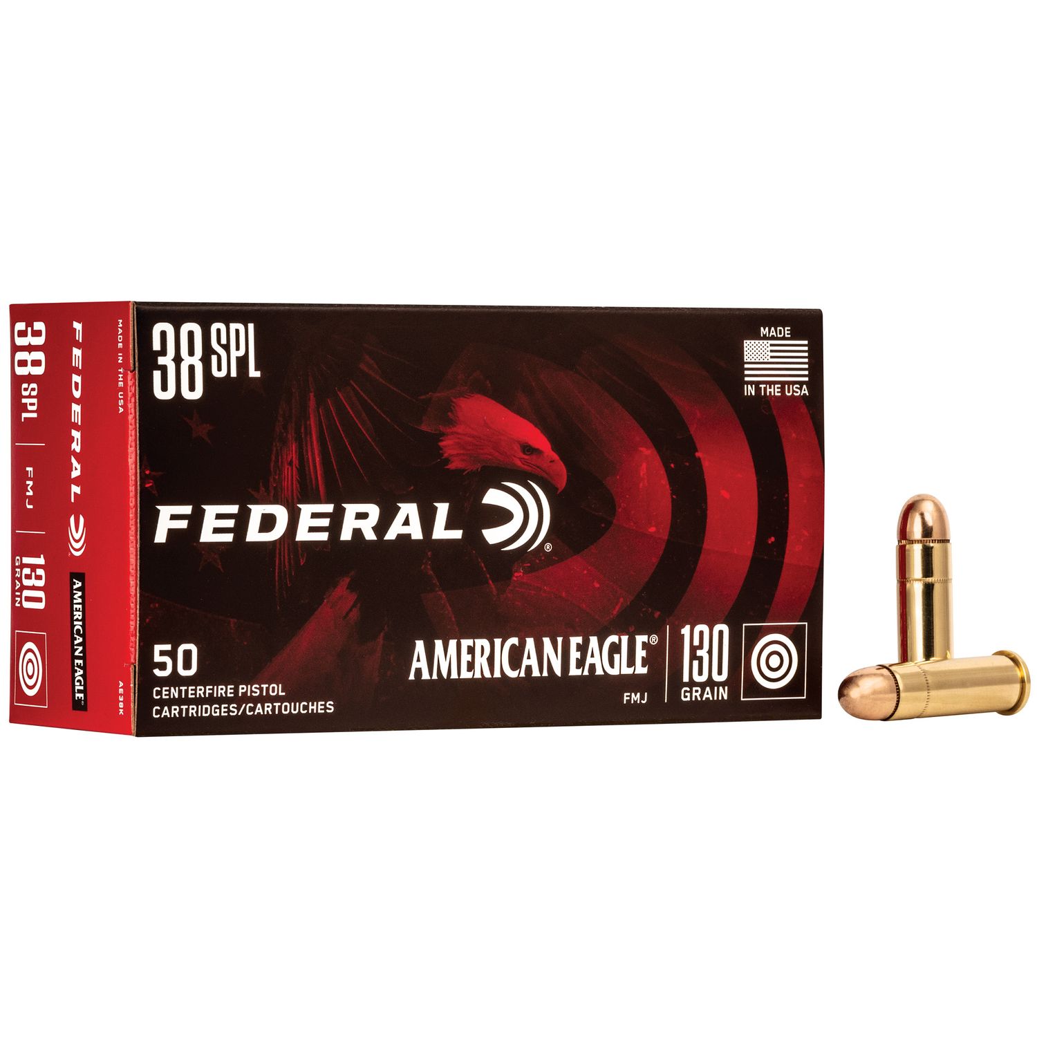 Federal American Eagle Handgun Ammunition AE38K, 38 Special, Full Metal Jacket (FMJ), 130 GR, 890 fps, 50 Rd/bx