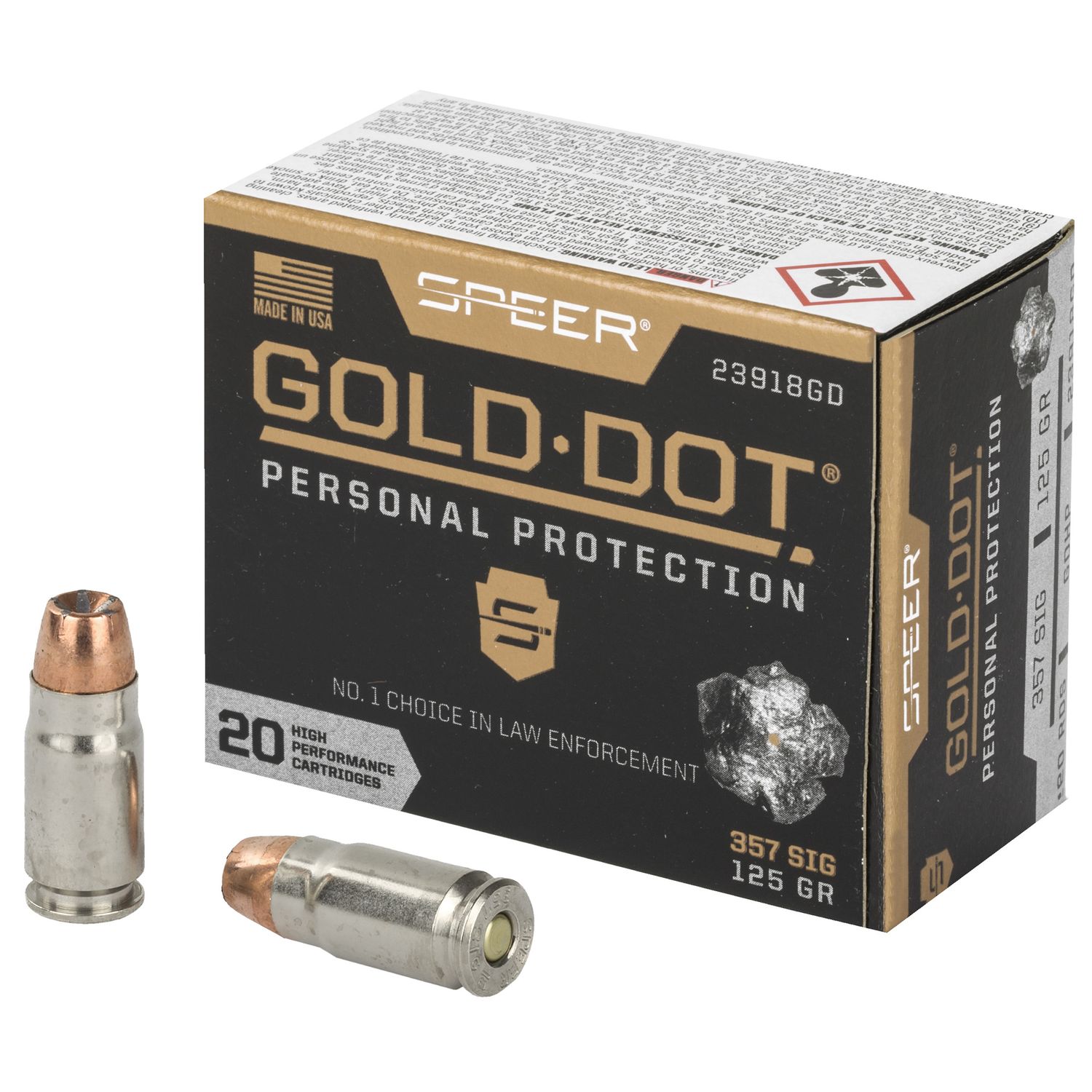 Speer Gold Dot Personal Protection Handgun Ammunition 23918GD, 357 Sig, Gold Dot HP, 125 GR, 1350 fps, 20 Rd/bx