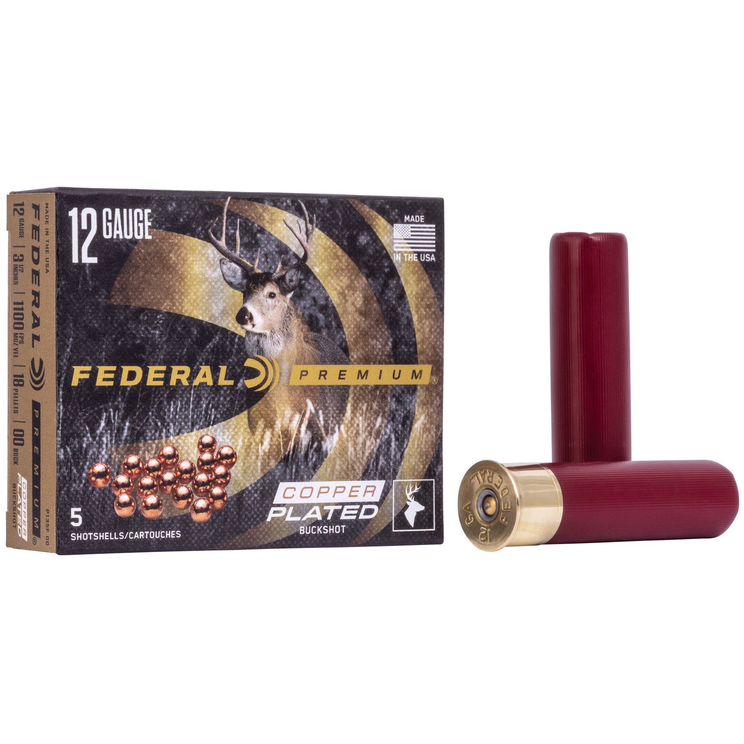 Federal Premium Vital-Shok Shotshells P135F, 12 Gauge, 3.5 in, 18 Pellets, 1100 fps, #00 Buckshot, 5 Rd/bx