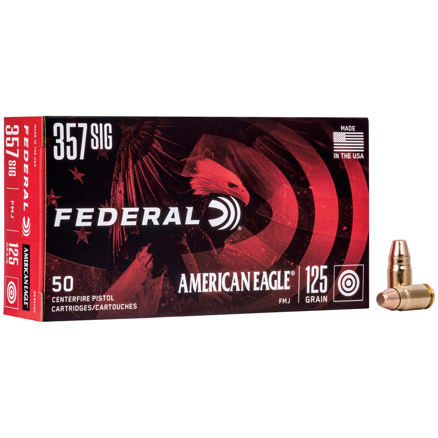 Federal American Eagle Pistol Ammunition AE357S2, 357 SIG, Full Metal Jacket (FMJ), 125 GR, 1350 fps, 50 Rd/bx