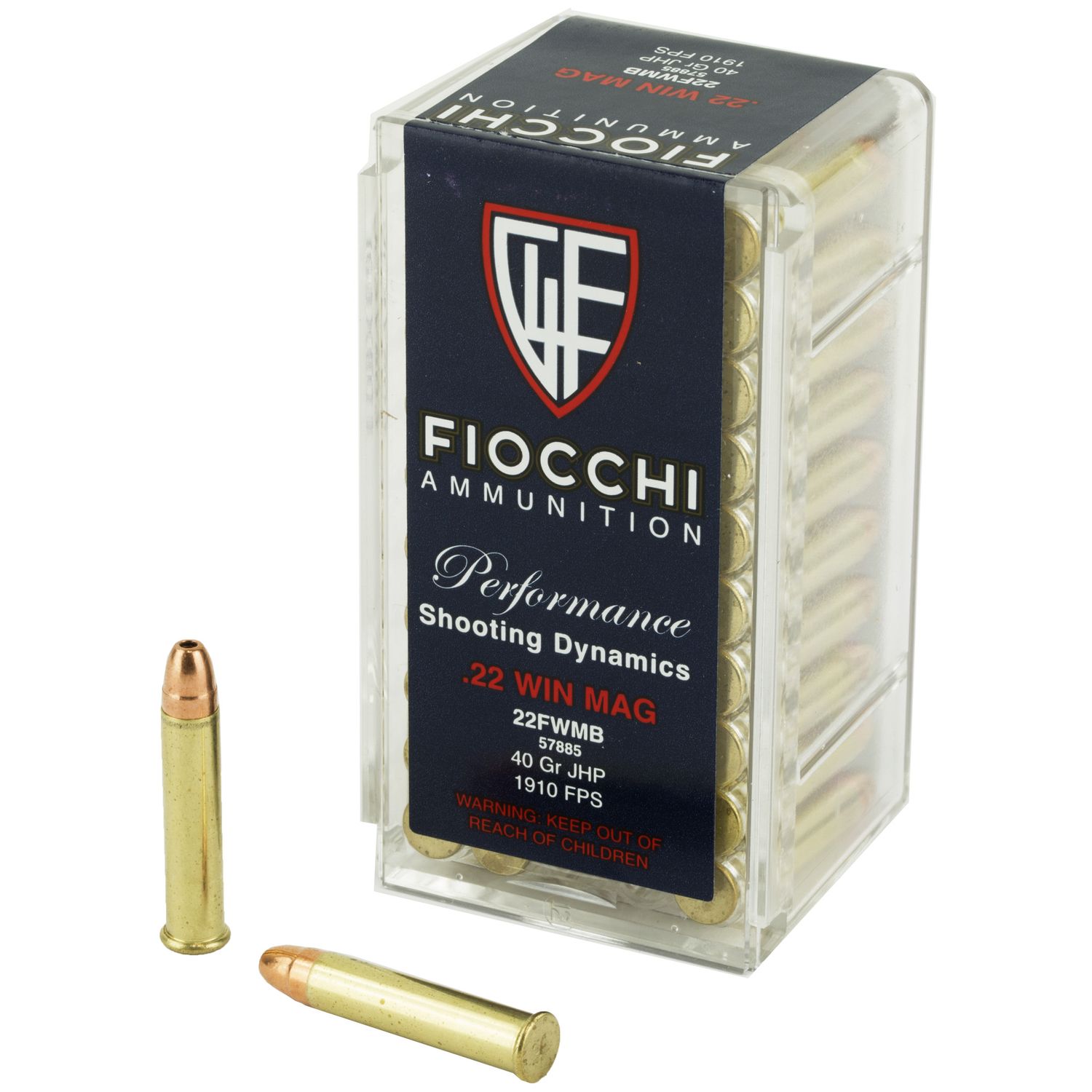 Fiocchi Shooting Dynamics Rimfire Ammunition 22FWMB, 22 Magnum (WMR), Jacketed Hollow Point (JHP), 40 GR, 1910 fps, 50 Rd/bx