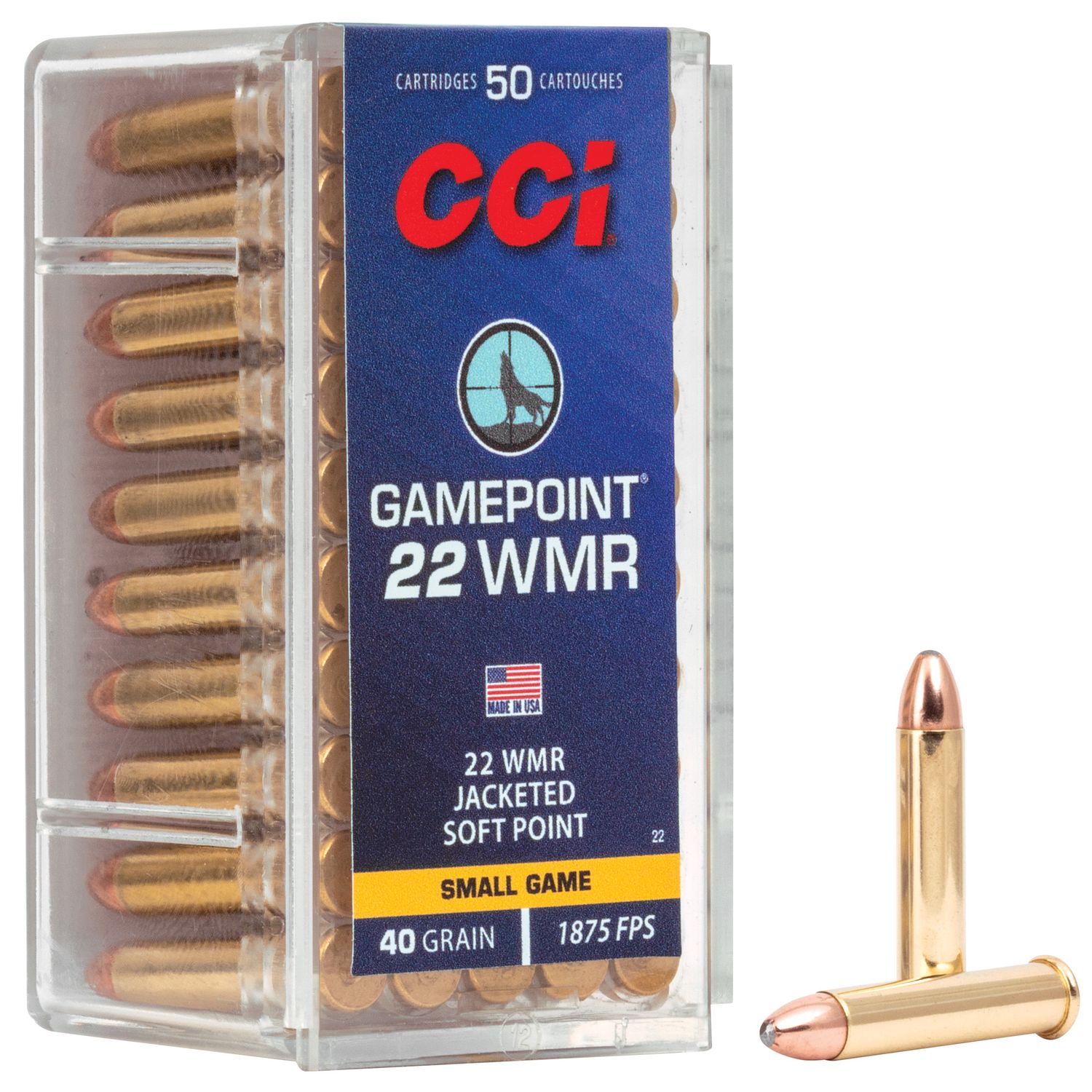 CCI HMR Gamepoint JSP Small Game Rimfire Ammunition 0022, 22 Magnum (WMR), Lead Gamepoint, 40 GR, 1875 fps, 40 Rd/bx