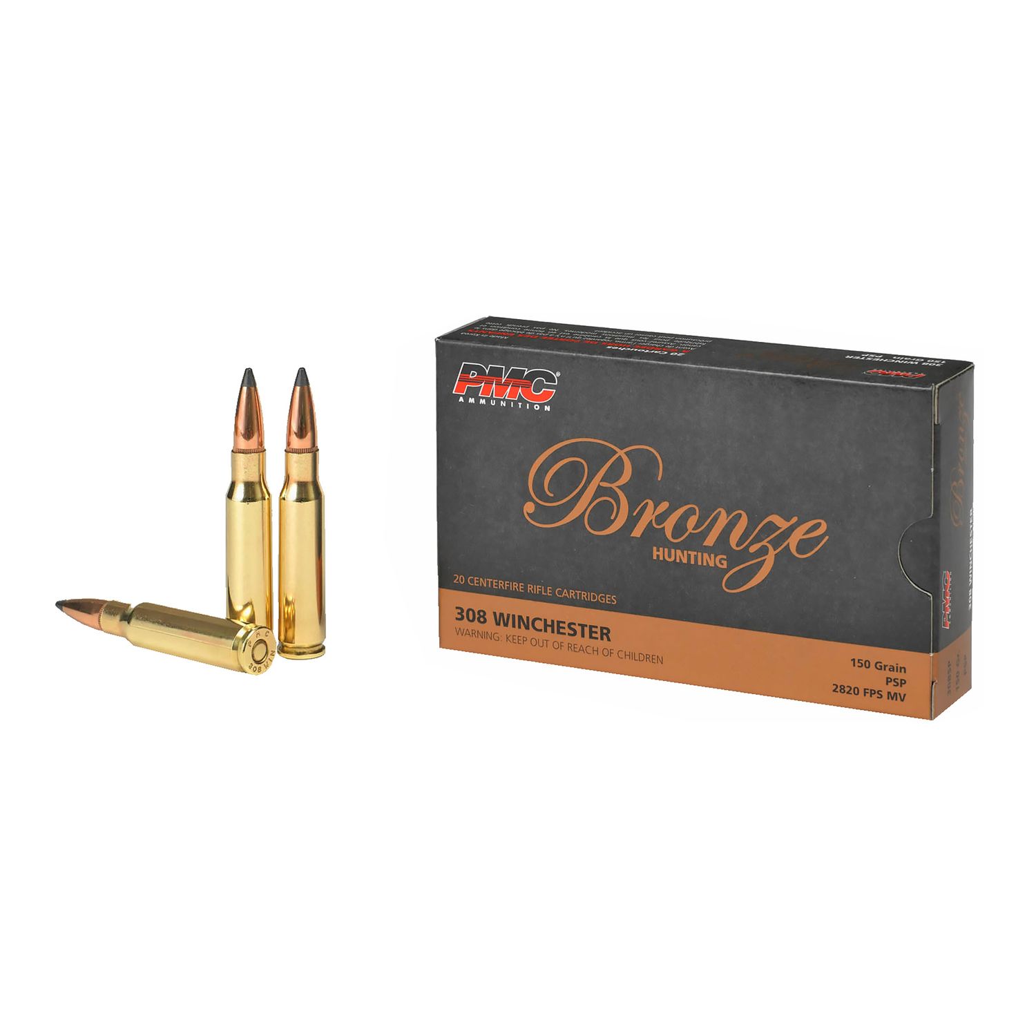 PMC Bronze Rifle Ammunition 308SP, 308 Win, Pointed Soft Point, 150 gr, 2820 fps, 20 Rd/Bx