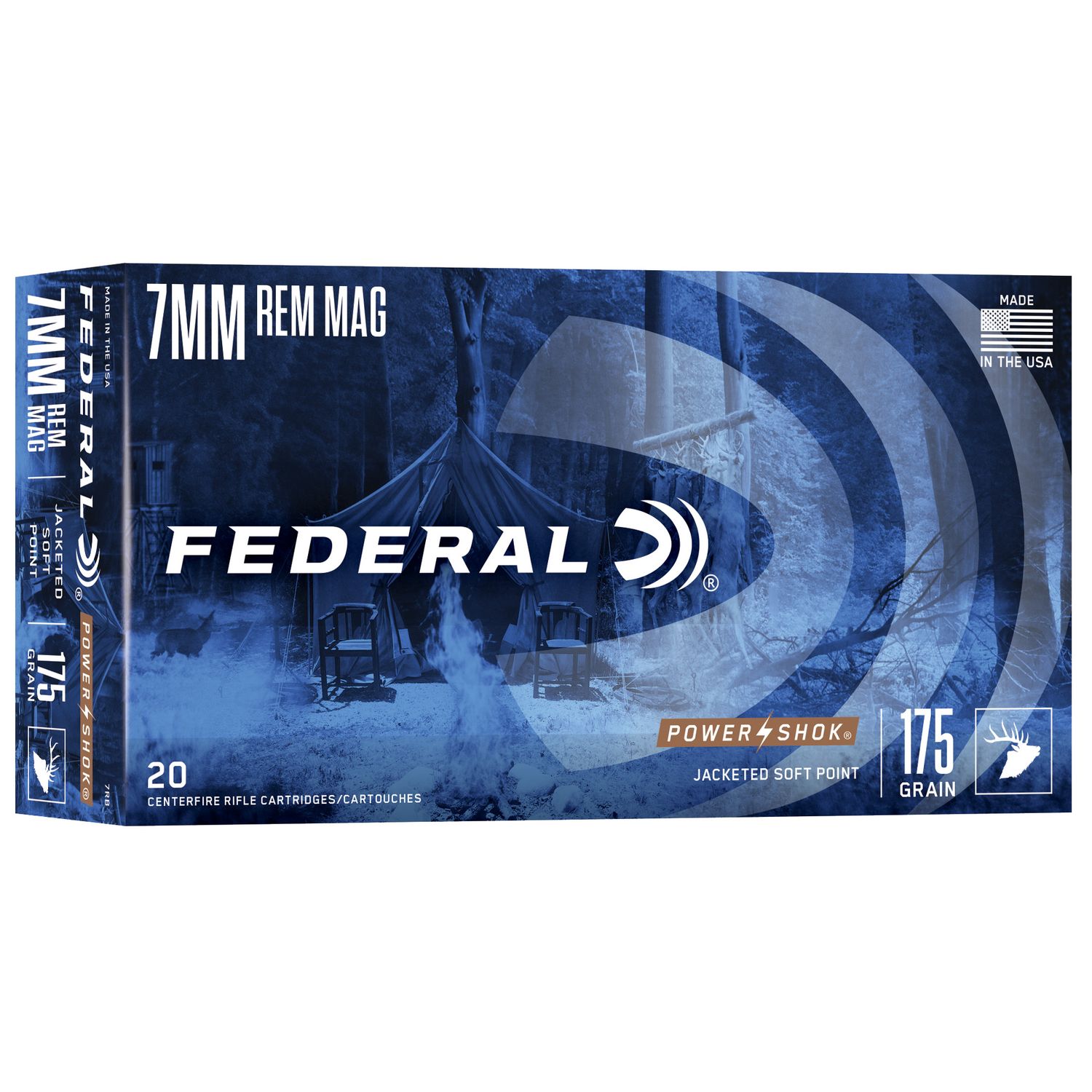 Federal Premium Power Shok Rifle Ammunition 7RB, 7 mm Remington Mag, Soft Point (SP), 175 GR, 3110 fps, 20 Rd/bx