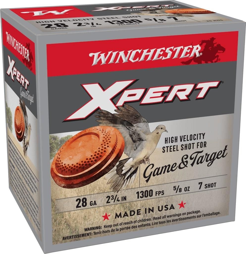 Winchester Xpert Upland Steel Loads WE28GT7, 28 Gauge, 2-3/4", 5/8 oz, 1300 fps, #7 Steel Shot, 25 Rds/Bx