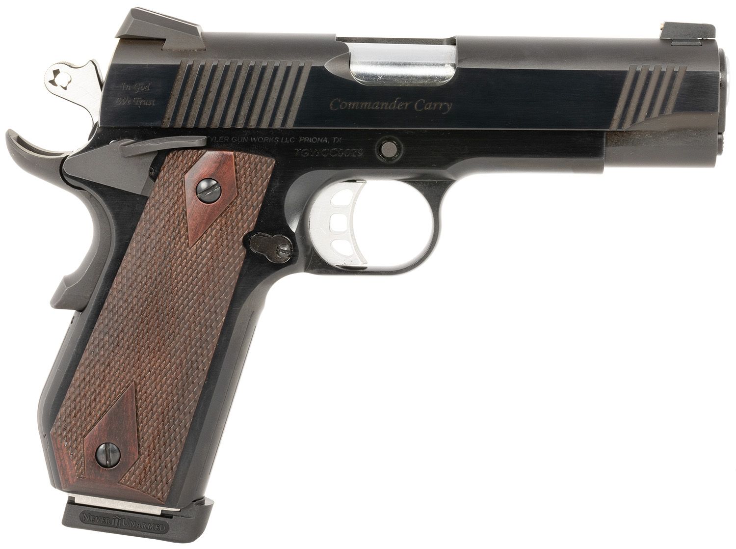 EAA Custom 1911 Commander Pistol TGWCMBL45, 45 ACP, 4.25in, Walnut Grips, Blued Finish, 7 Rds