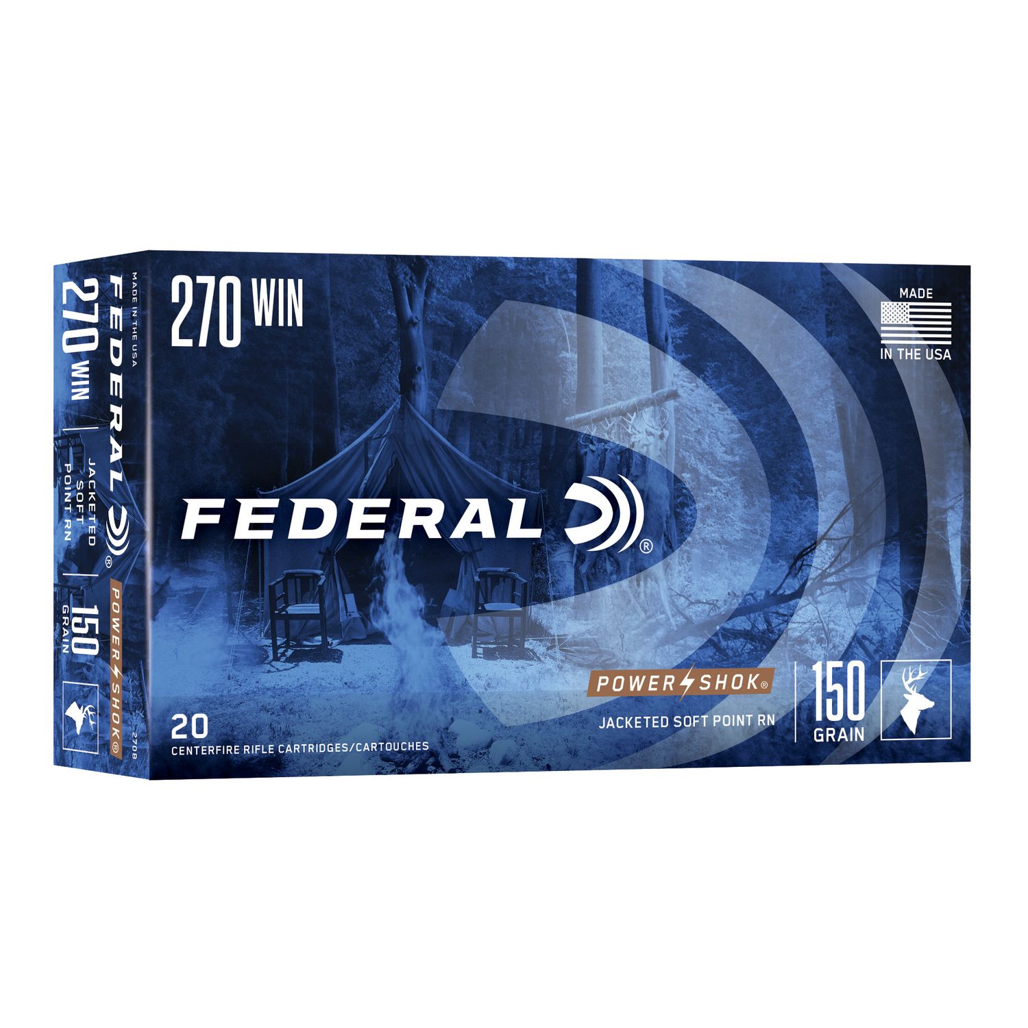 Federal Premium Power Shok Rifle Ammunition 270B, 270 Winchester, Soft Point (SP), 150 GR, 2850 fps, 20 Rd/bx