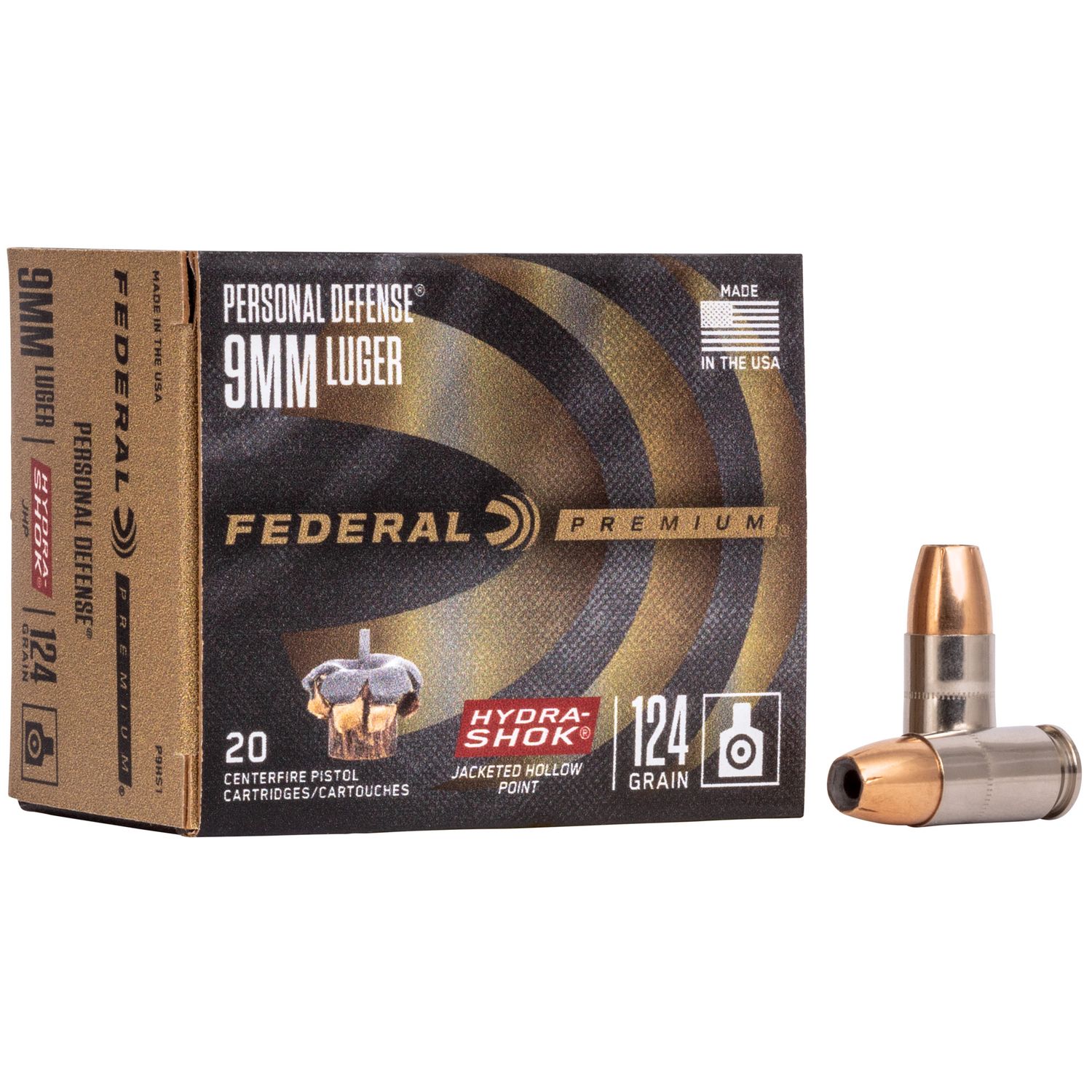 Federal Premium Vital-Shok Pistol Ammunition P9HS1, 9mm, Hydra-Shok JHP (JHP), 124 GR, 1120 fps, 20 Rd/bx