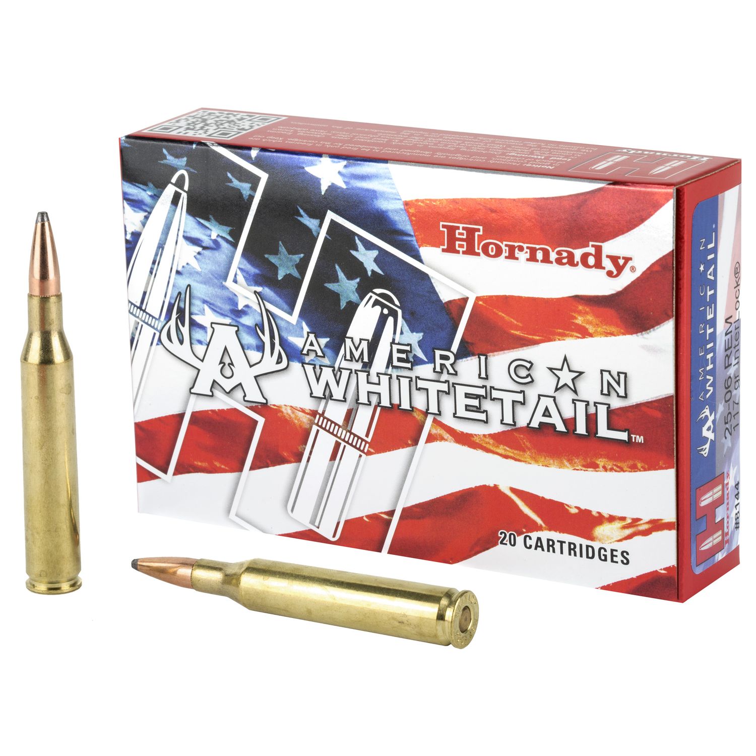 Hornady American Whitetail Rifle Ammunition 8144, 25-06 Remington, Soft Point (SP), 117 GR, 2748 fps, 20 Rd/bx