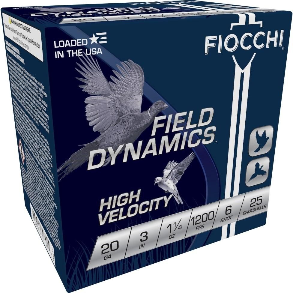 Fiocchi High Velocity Shotshells 203HV6, 20 Gauge, 3 in, 1-1/4 oz, 1200 fps, #6 Lead Shot, 25 Rds/Bx