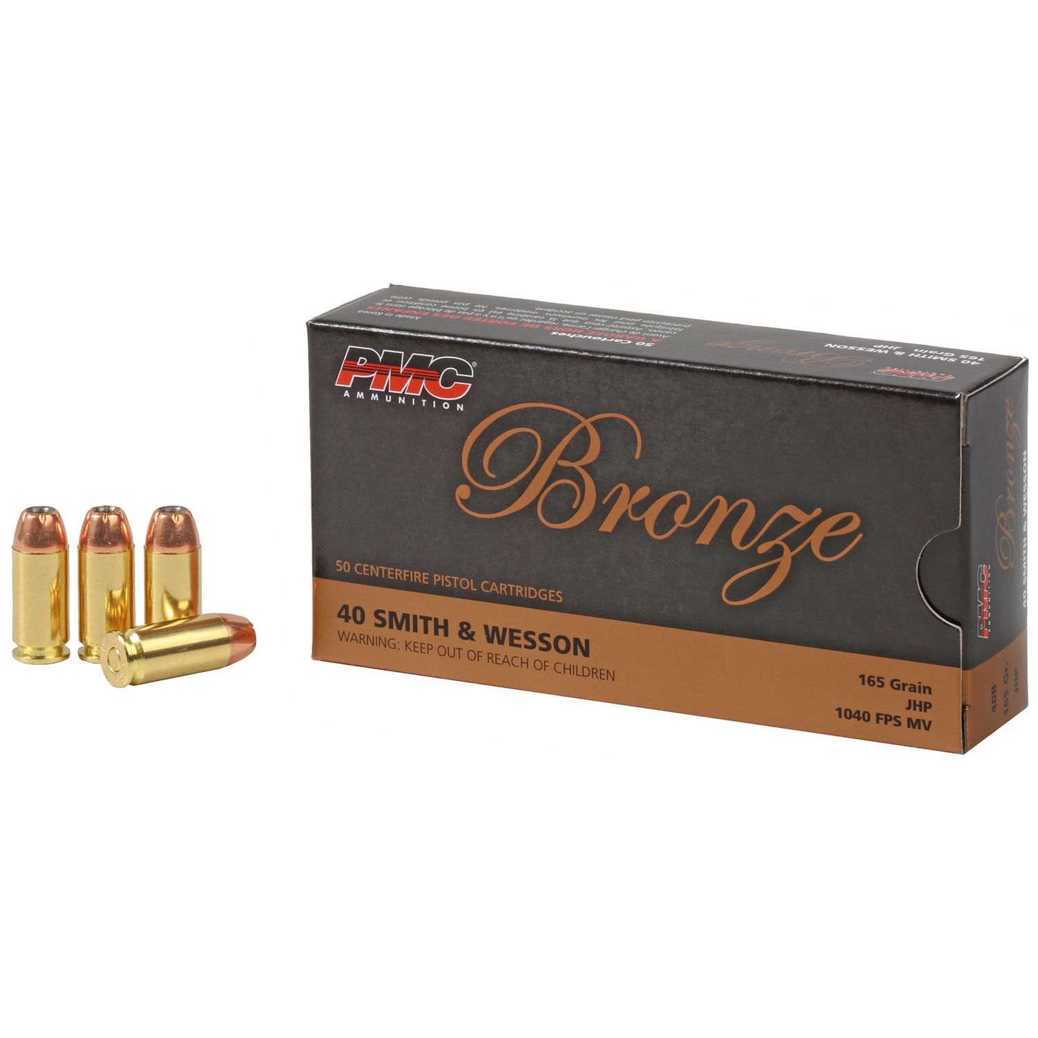 PMC Bronze Line Pistol Ammunition 40B, 40 S&W, Jacketed Hollow Point (JHP), 165 GR, 1040 fps, 50 Rd/bx