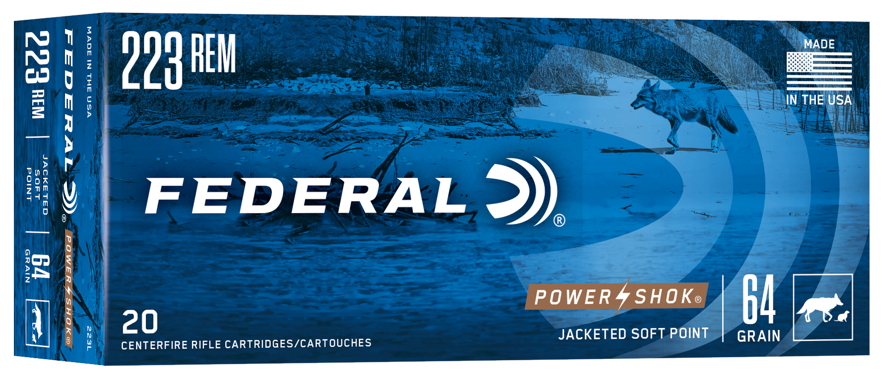 Federal Premium Power Shok Rifle Ammunition 223L, 223 Remington, Jacketed Soft Point (SP), 64 GR, 3090 fps, 20 Rd/bx