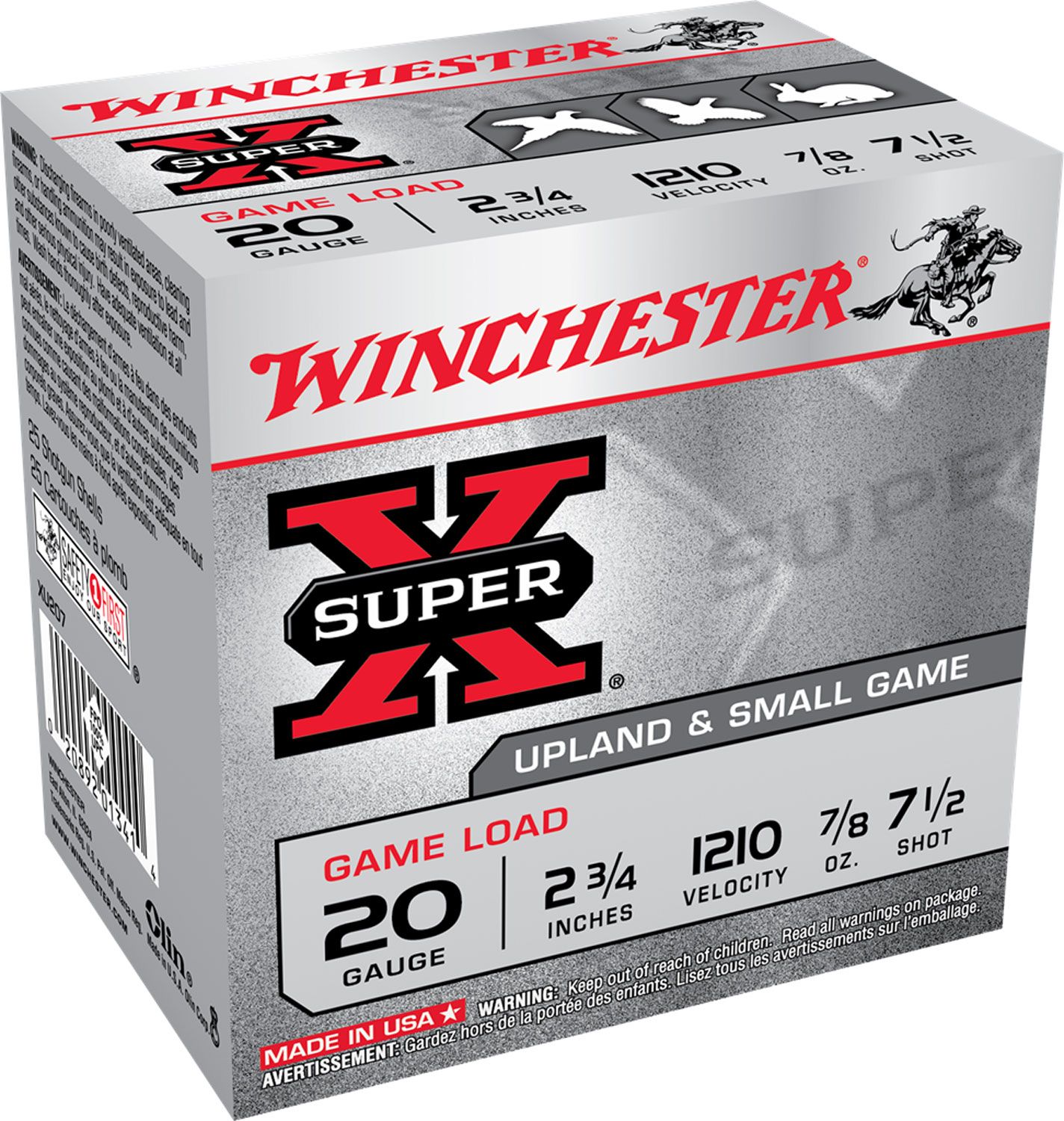 Winchester Super X Game XU2075, 20 Gauge, 2-3/4", 7/8 oz, 1210 fps, #7.5 Lead Shot, 25 Rds/Bx