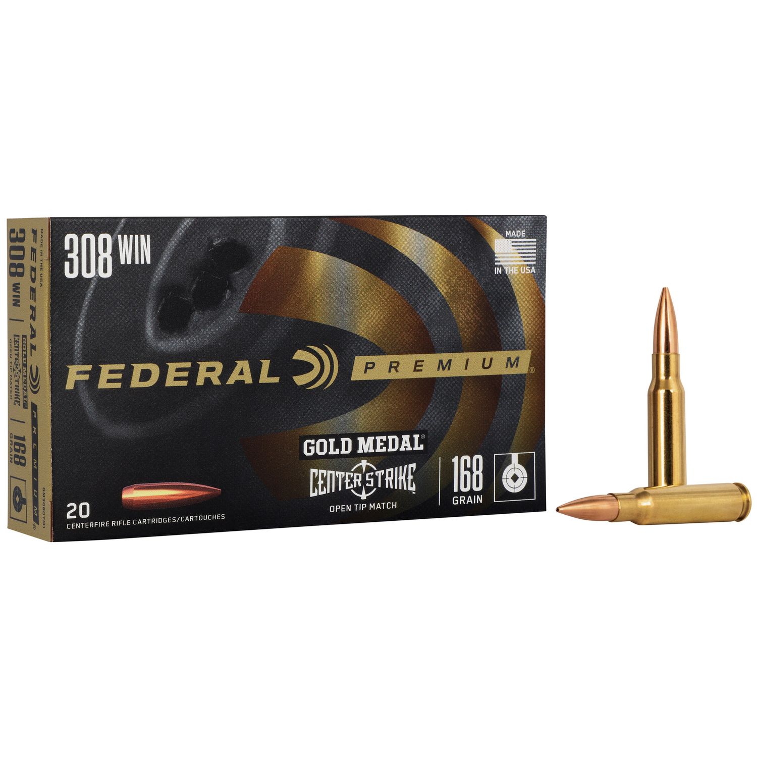 Federal Premium Gold Medal Rifle Ammunition GM308OTM1, 308 Winchester, Open Tip Match BTHP, 168 GR, 2650 fps, 20 Rd/bx