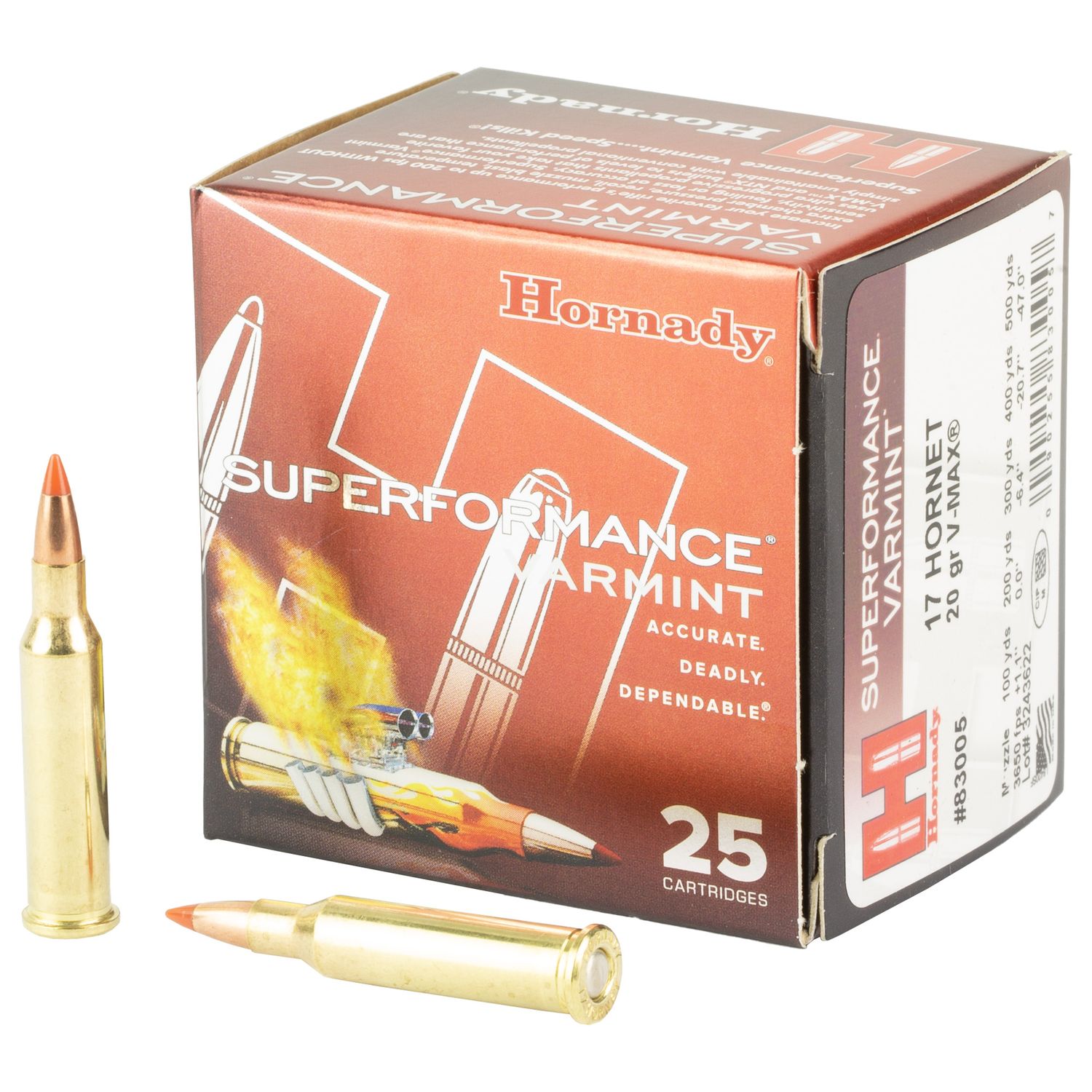 Hornady Superformance Varmint Rifle Ammunition 83005, 17 Hornet, V-Max, 20 GR, 3650 fps, 25 Rd/bx