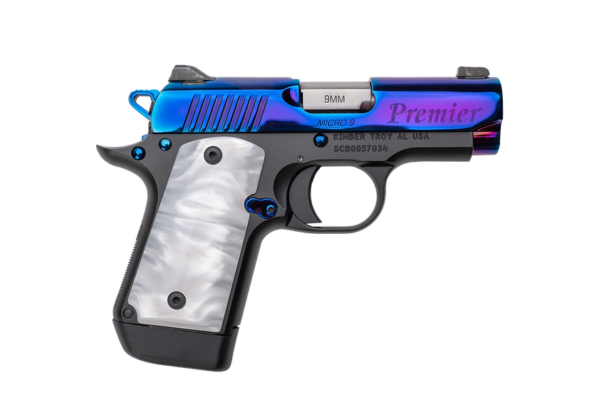 Custom & Collectible Limited Edition Blue Rainbow Kimber Micro 9 Pistol CNCBRM9, 9MM, 3.15", Pearl Kirinite Grips, Blue Rainbow PVD Slide, 7 Rd