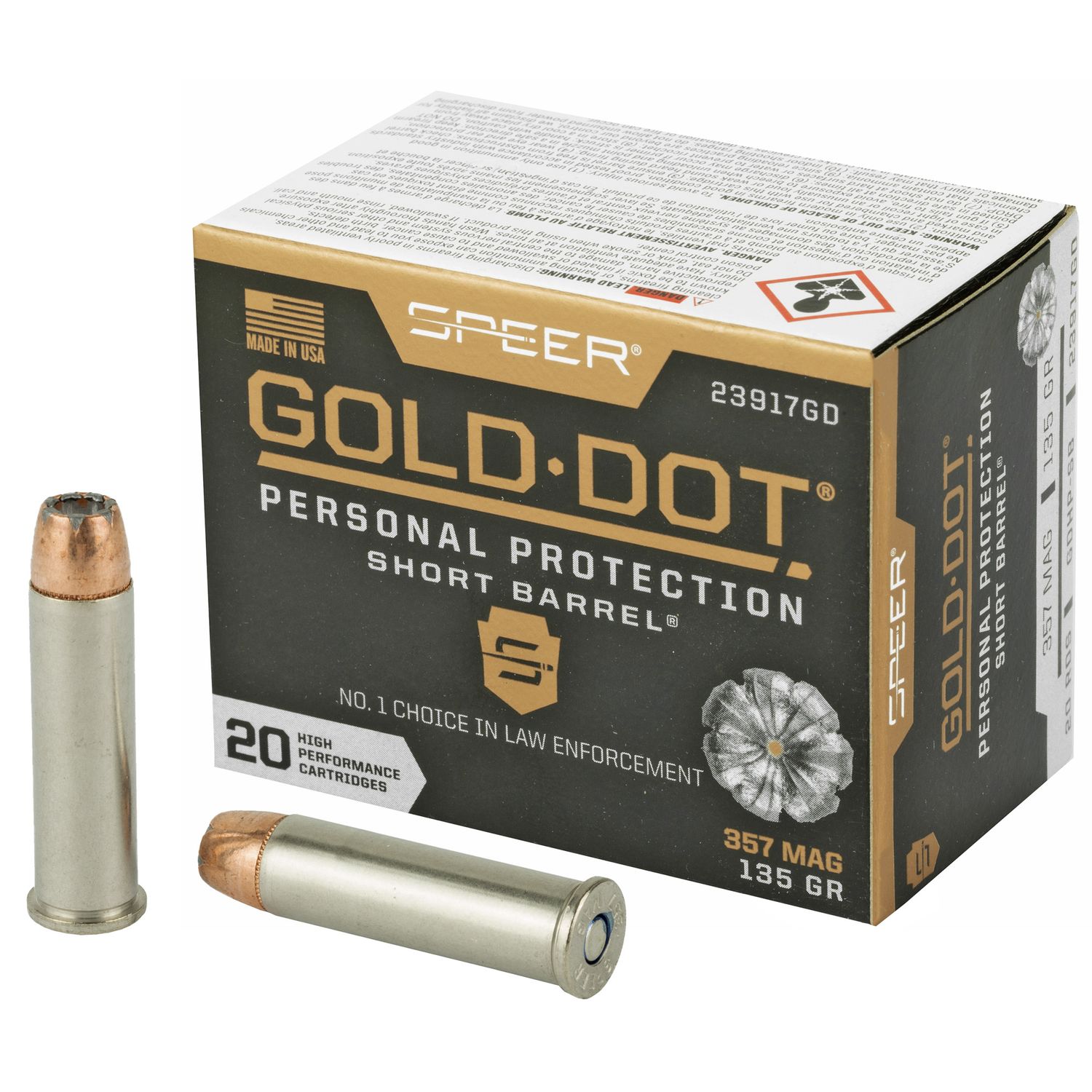 Speer Gold Dot Short Barrel Personal Protection Handgun Ammunition 23917GD, 357 Mag, Gold Dot HP, 135 GR, 990 fps, 20 Rd/bx