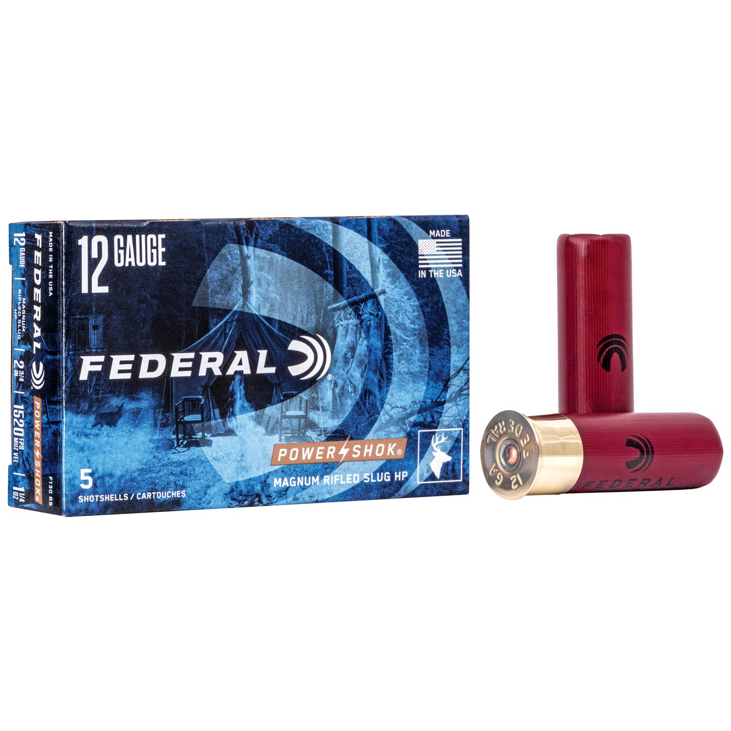 Federal Premium Power Shok F130RS, 12 Gauge, 2-3/4", 1-1/4 oz, 1520 fps, Lead Rifle Slug, 5 Rd/bx