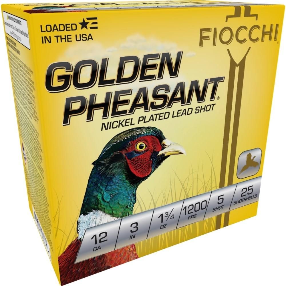 Fiocchi Golden Pheasant 123GP5, 12 Gauge, 3", 1-3/4 oz, 1200 fps, #5 Nickel-Plated Lead Shot, 25 Rds/Bx