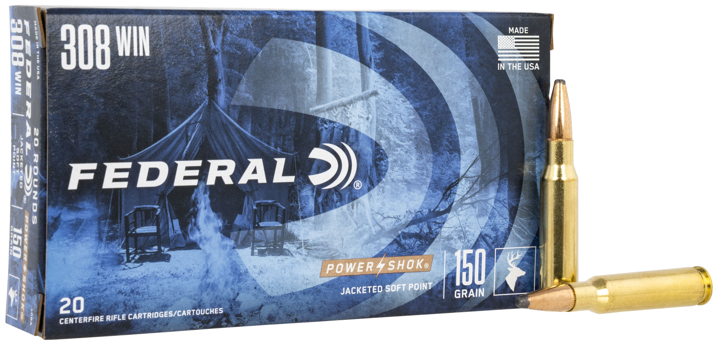 Federal Premium Power Shok Rifle Ammunition 308A, 308 Winchester, Soft Point (SP), 150 GR, 2820 fps, 20 Rd/bx