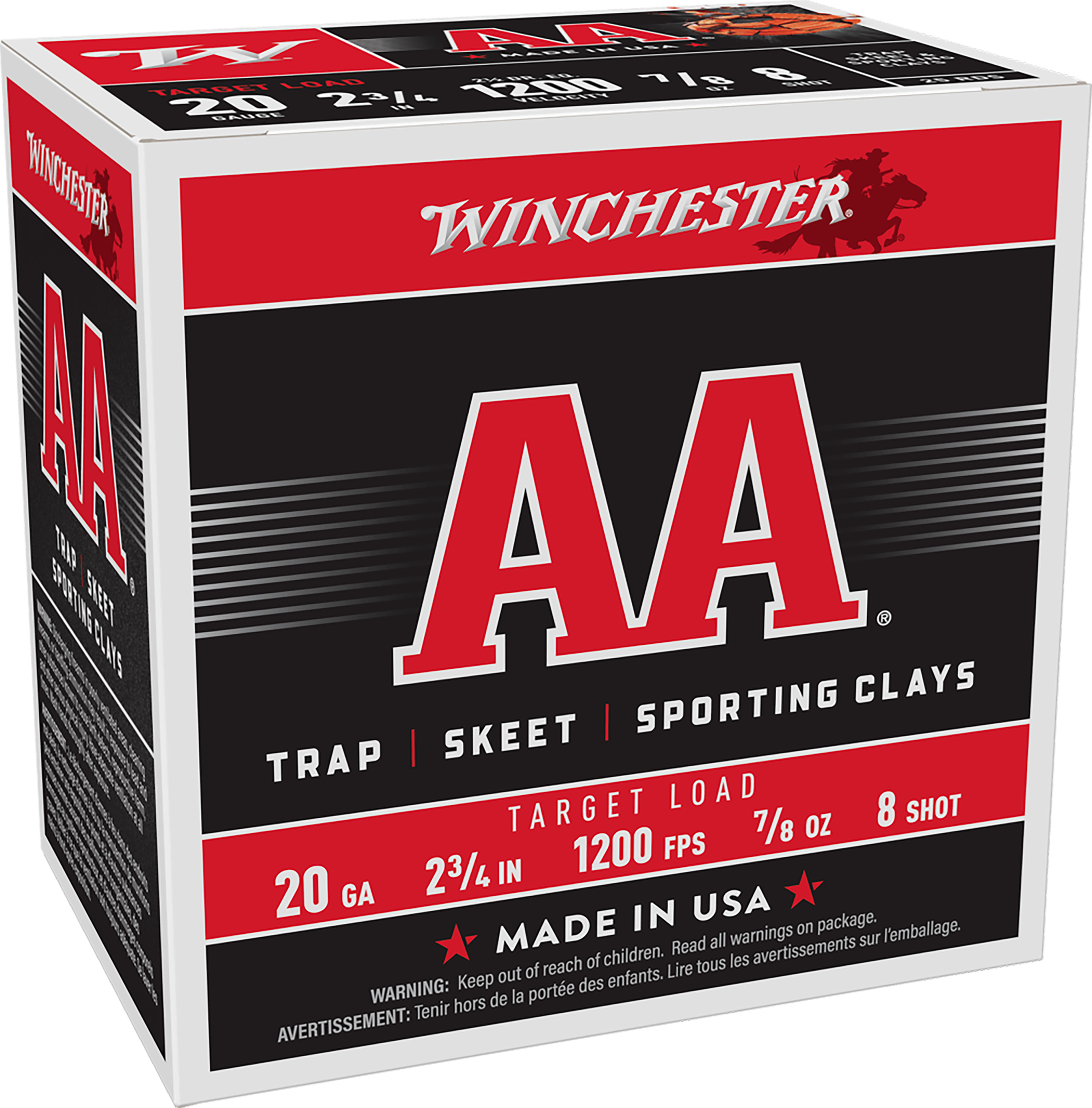 Winchester AA Target AA208, 20 Gauge, 2-3/4", 7/8 oz, 1200 fps, #8 Lead Shot, 25 Rds/Bx
