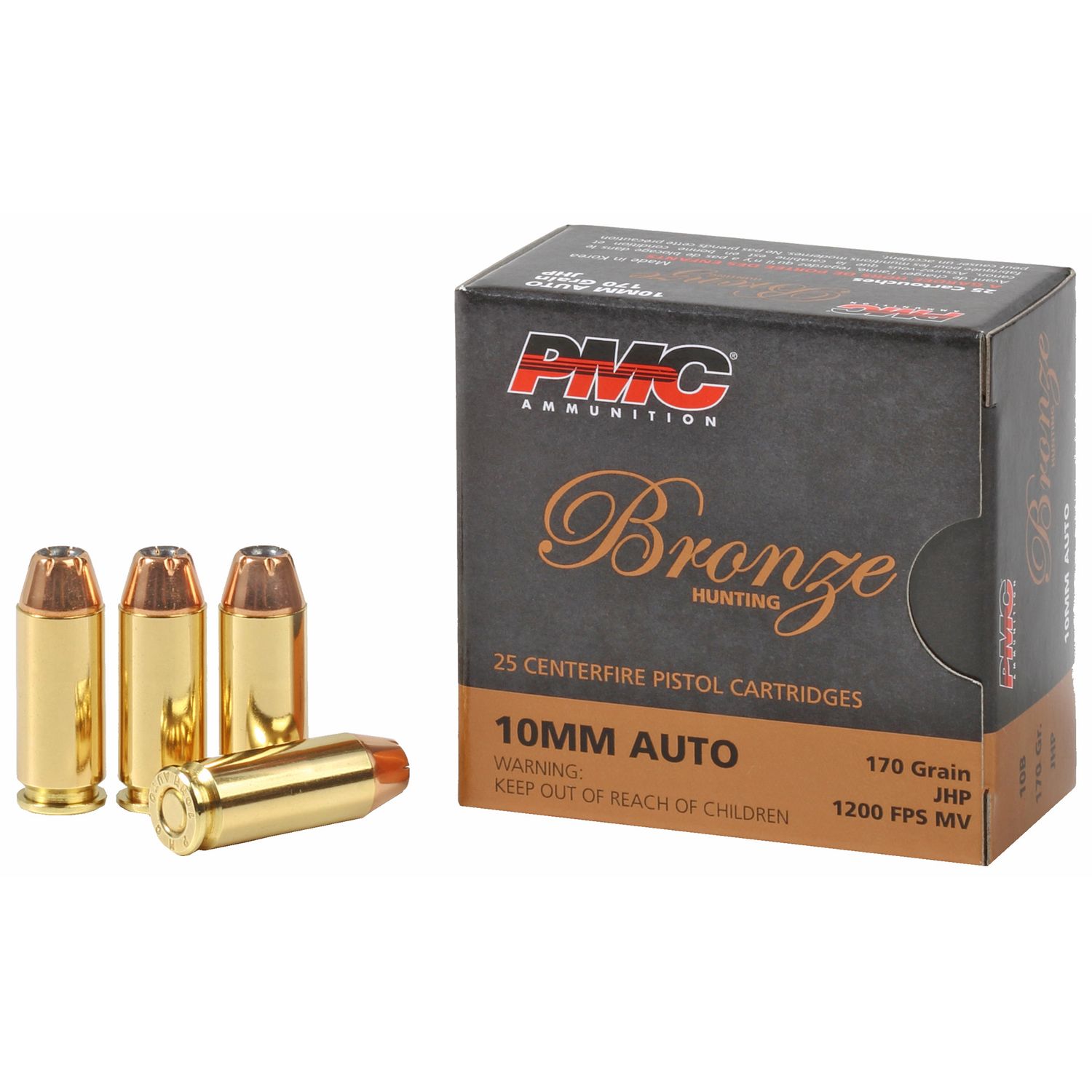 PMC Bronze Line Pistol Ammunition 10B, 10mm, Jacketed Hollow Point (JHP), 170 GR, 1200 fps, 25 Rd/bx